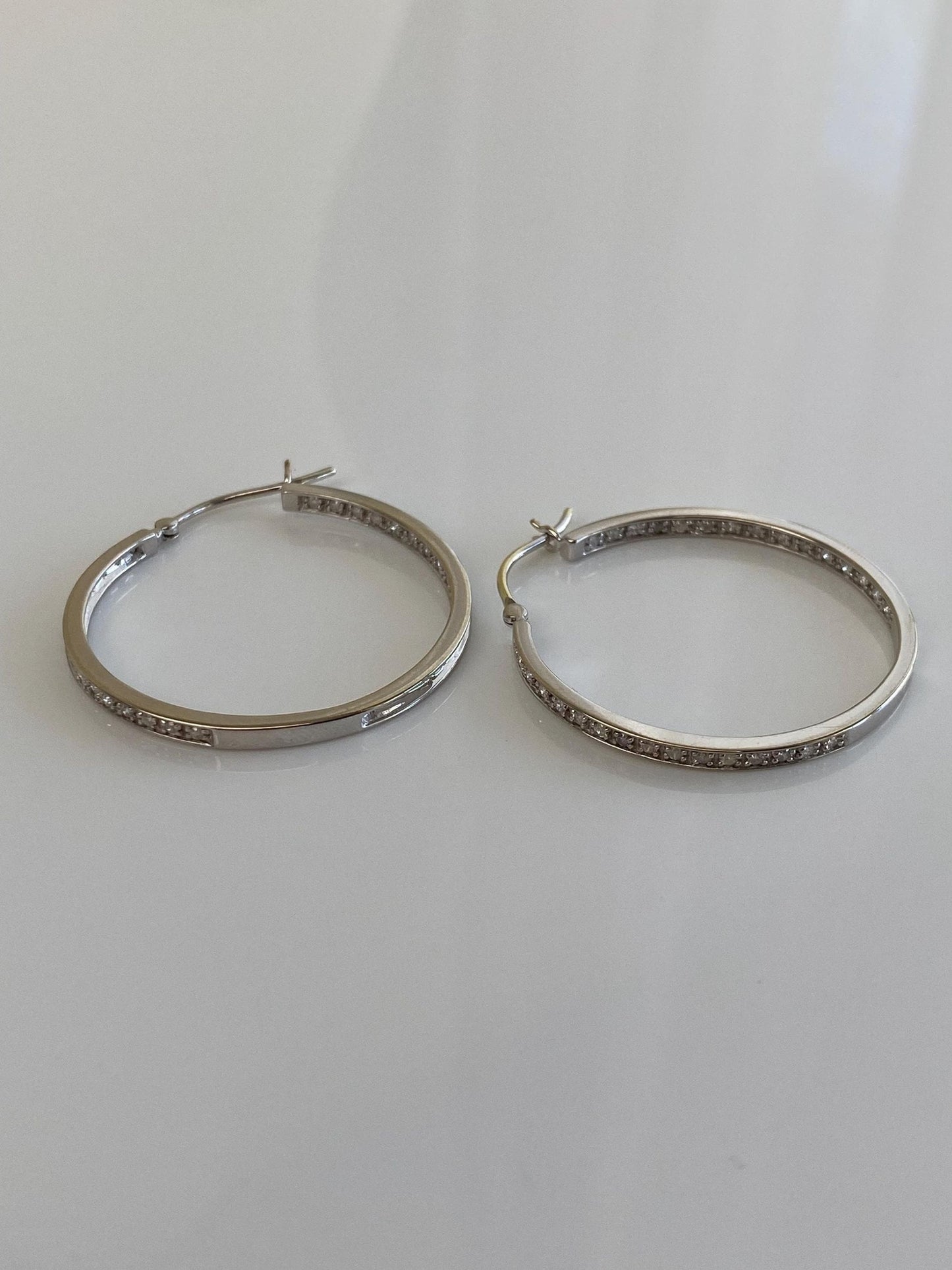 Vintage Solid 14k White Gold Diamond Hoop Earrings