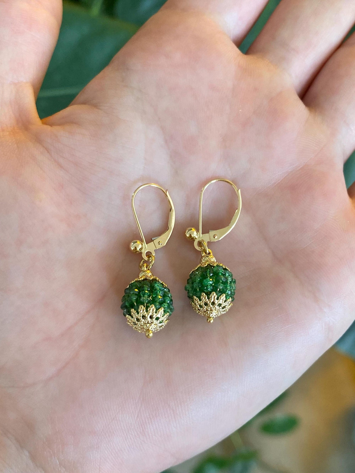Vintage 14k & 18k Yellow Gold Emerald Beads Ball Dangle Earrings