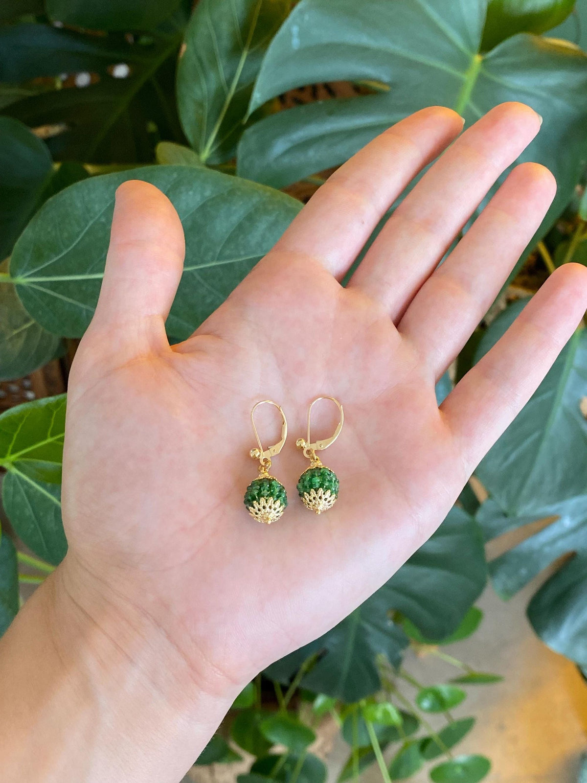 Vintage 14k & 18k Yellow Gold Emerald Beads Ball Dangle Earrings
