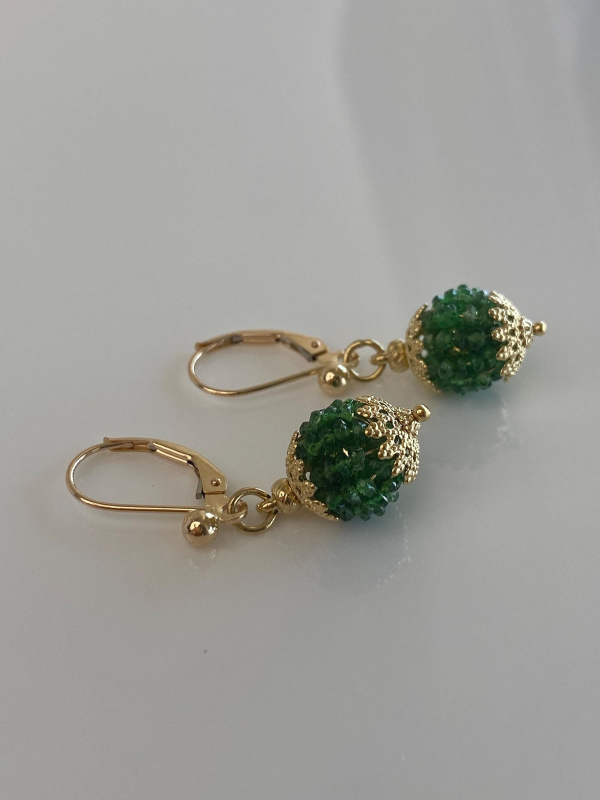 Vintage 14k & 18k Yellow Gold Emerald Beads Ball Dangle Earrings