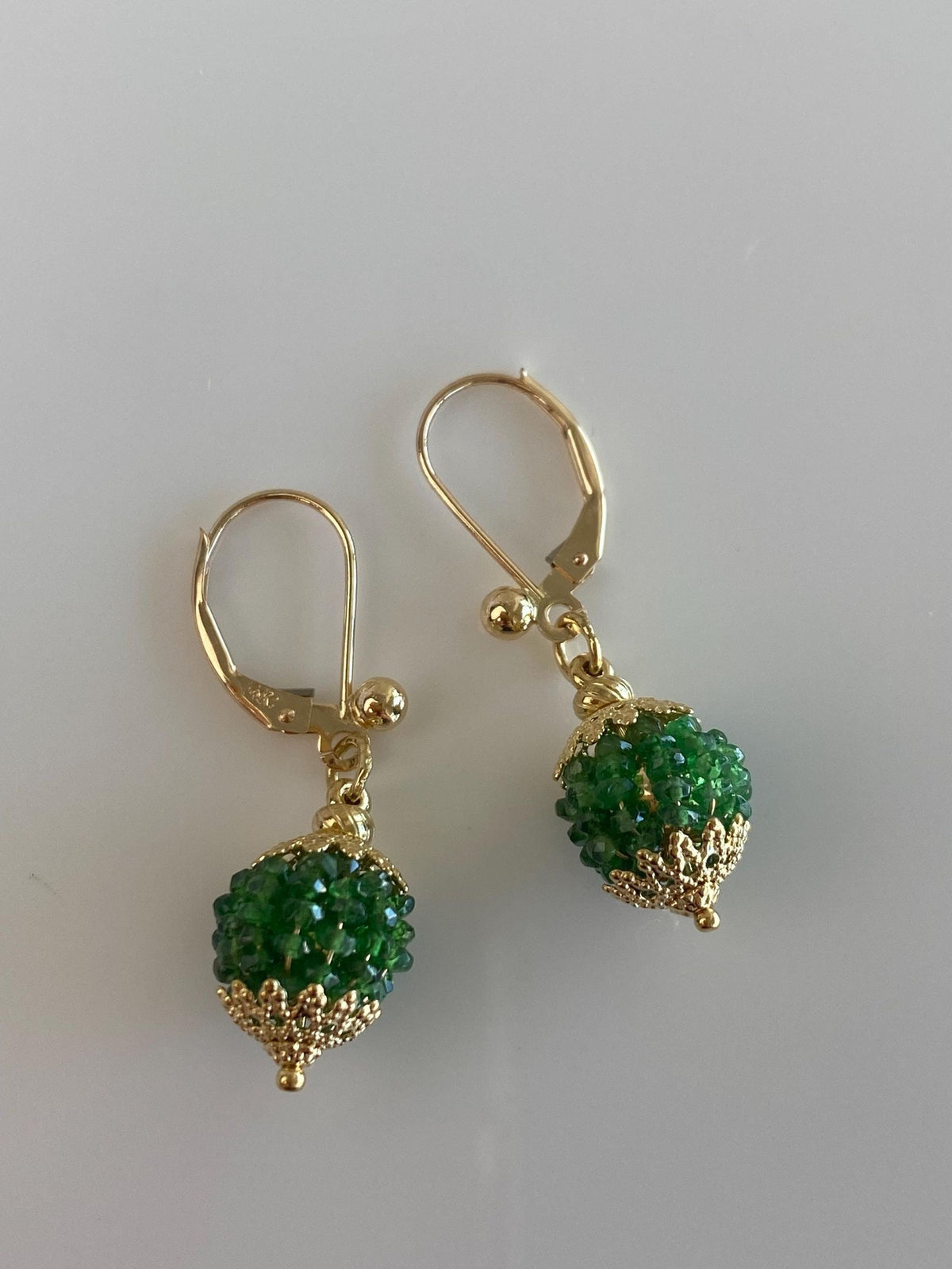 Vintage 14k & 18k Yellow Gold Emerald Beads Ball Dangle Earrings