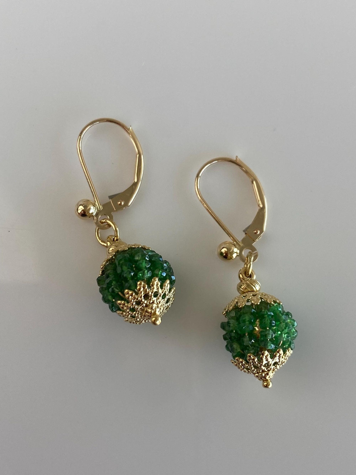 Vintage 14k & 18k Yellow Gold Emerald Beads Ball Dangle Earrings