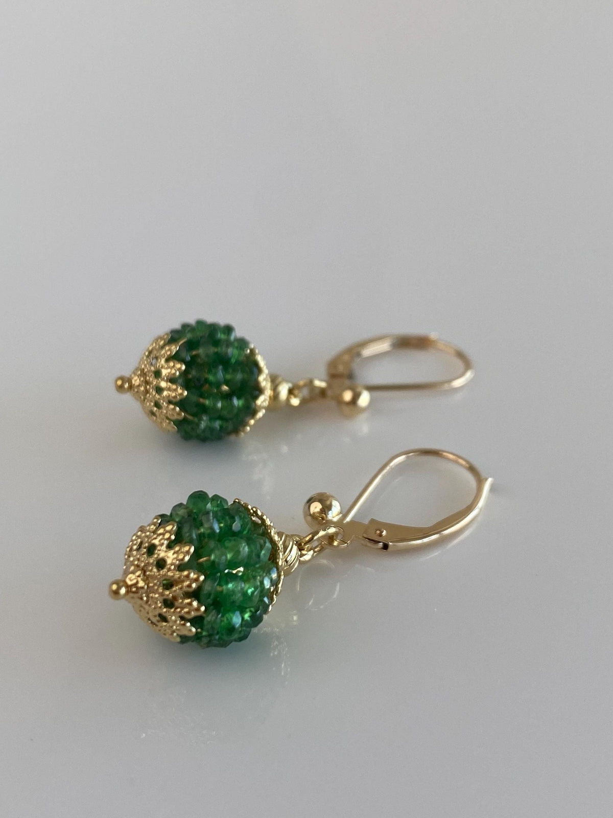 Vintage 14k & 18k Yellow Gold Emerald Beads Ball Dangle Earrings
