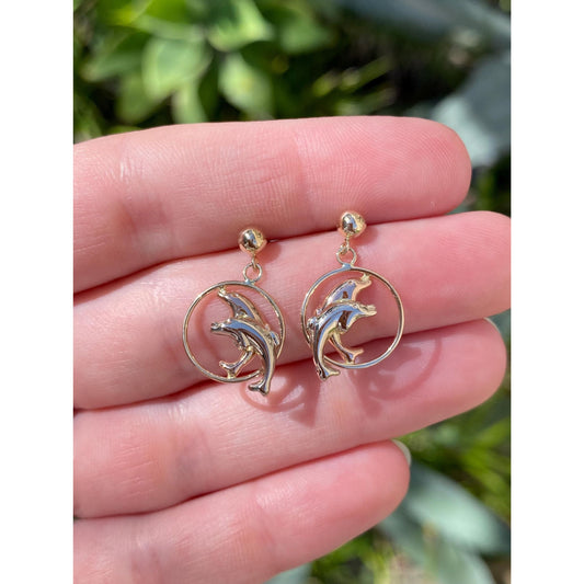 Vintage Solid 14k Tri Tone Gold Dolphin Hoop Dangle Earrings