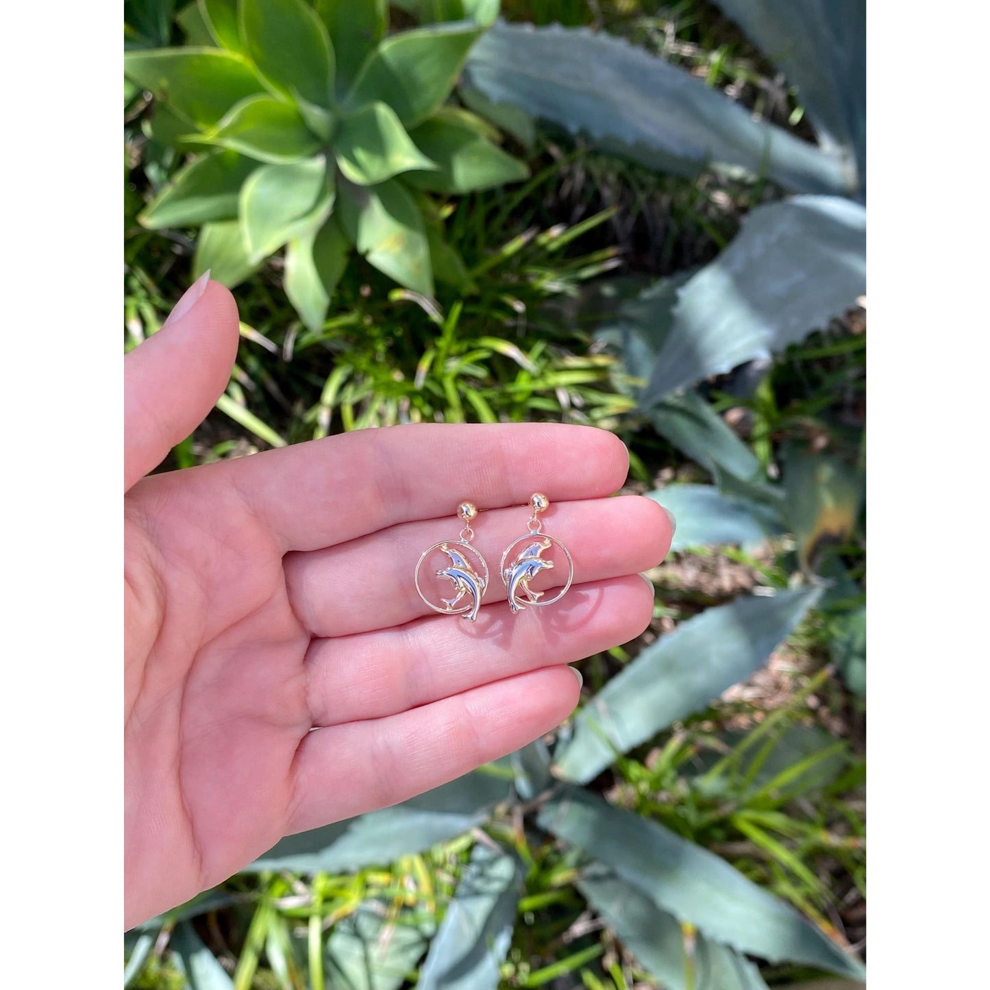 Vintage Solid 14k Tri Tone Gold Dolphin Hoop Dangle Earrings