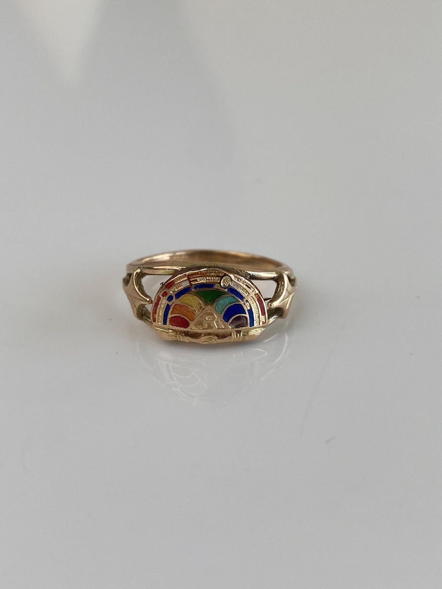 Vintage Solid 10k Yellow Gold Rainbow Enamel Initial 'R' Ring - Size 4