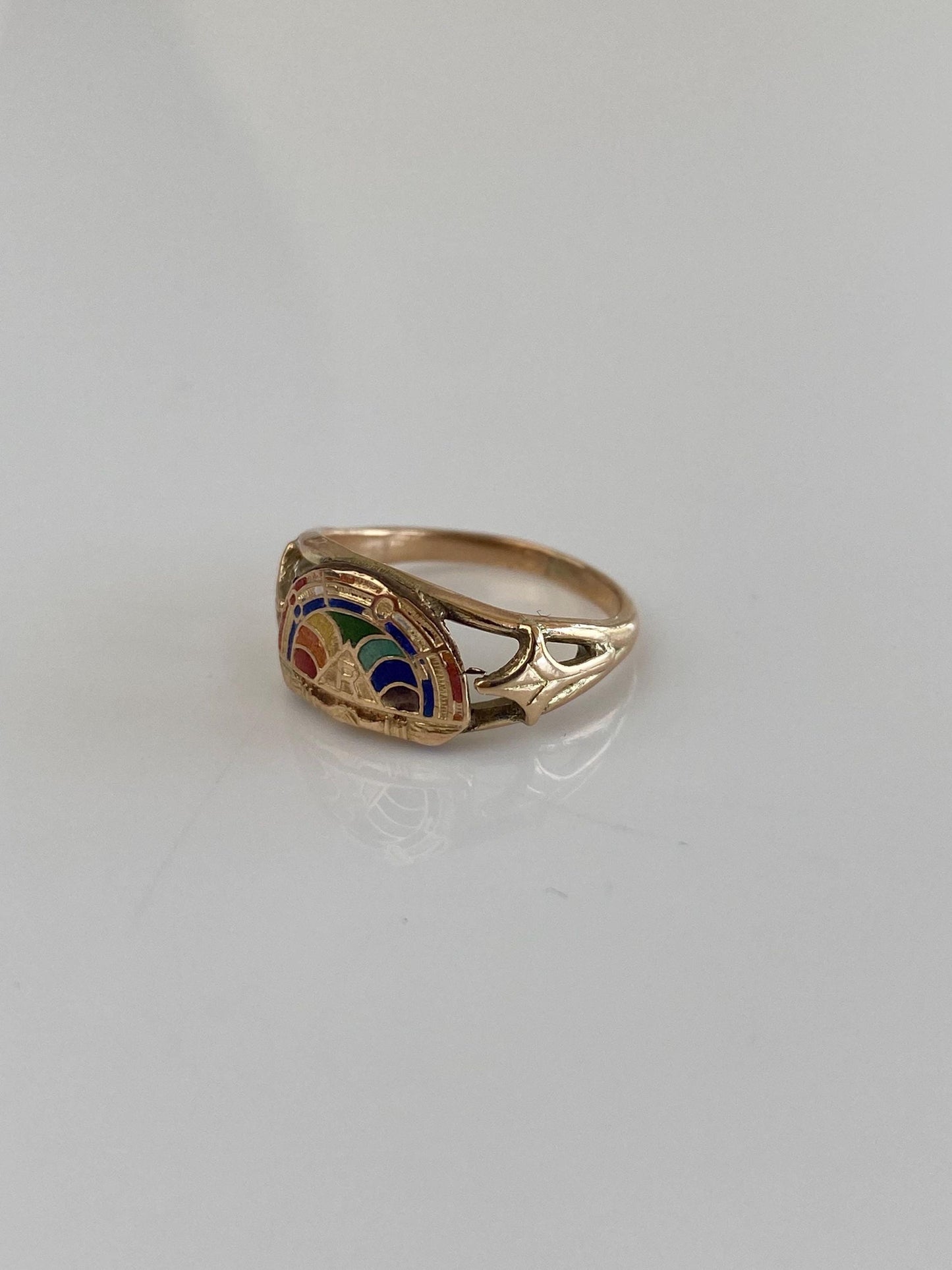 Vintage Solid 10k Yellow Gold Rainbow Enamel Initial 'R' Ring - Size 4