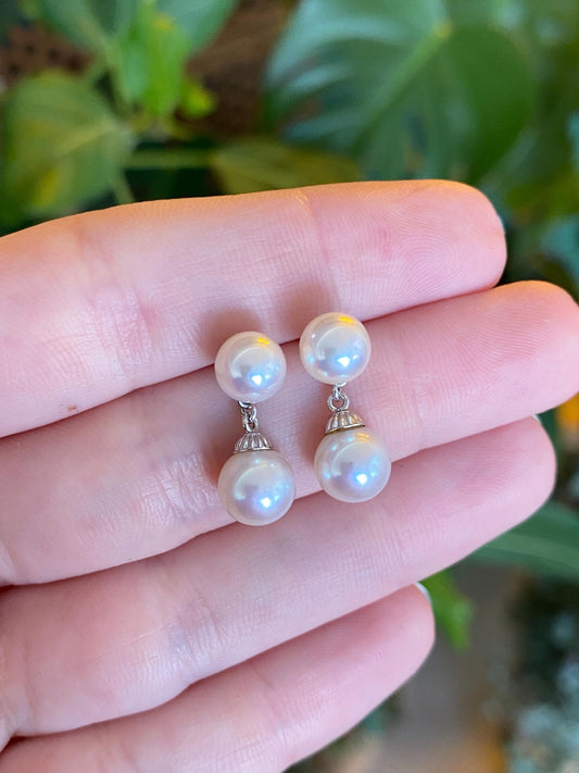 Vintage Solid 14k White Gold Pearl Dangle Stud Earrings