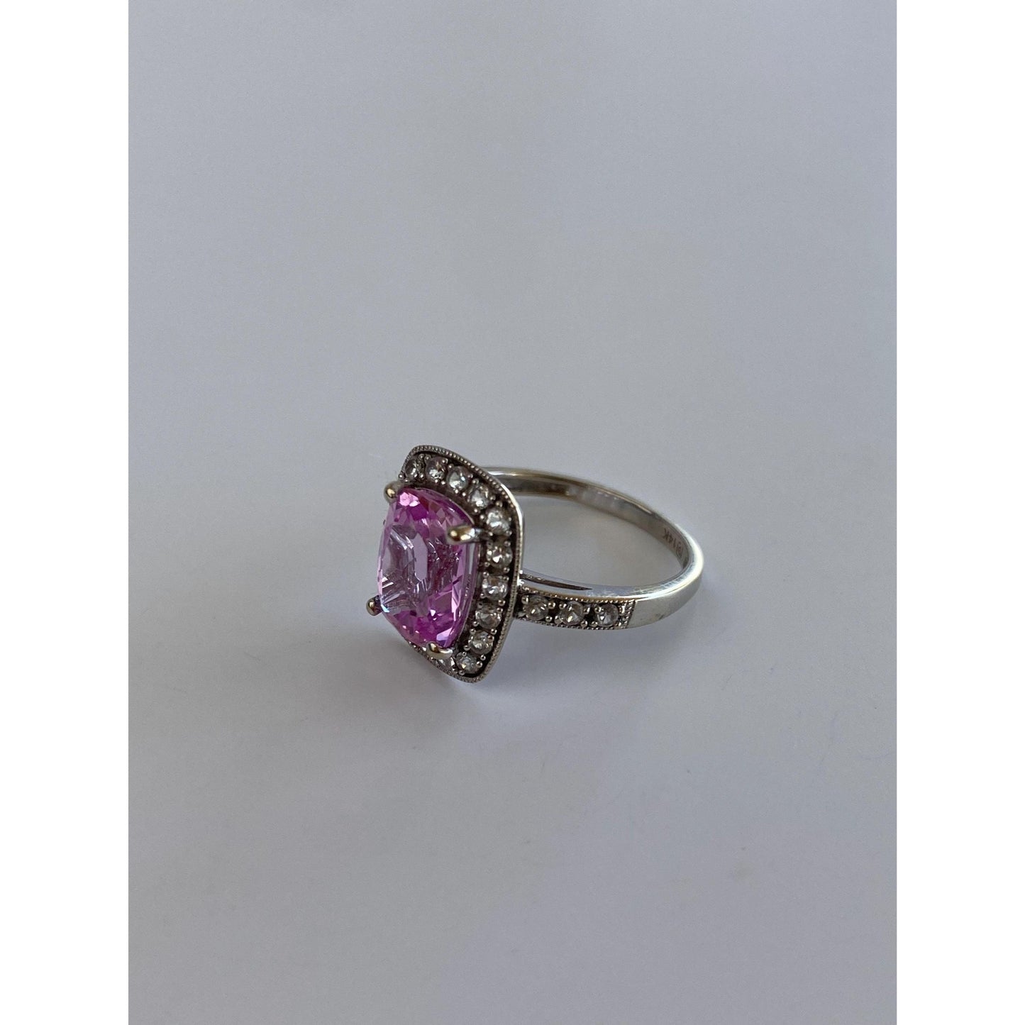 Vintage Solid 14k White Gold Clear & Pink Sapphire Ring - Size 4.25