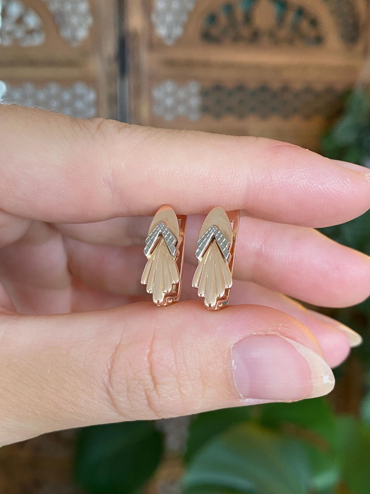Vintage Solid 14k Rose & White Gold Fan Drop Earrings