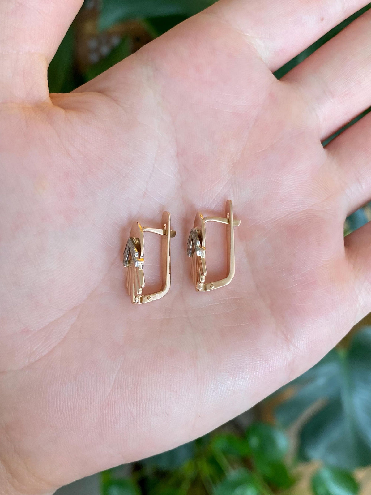 Vintage Solid 14k Rose & White Gold Fan Drop Earrings