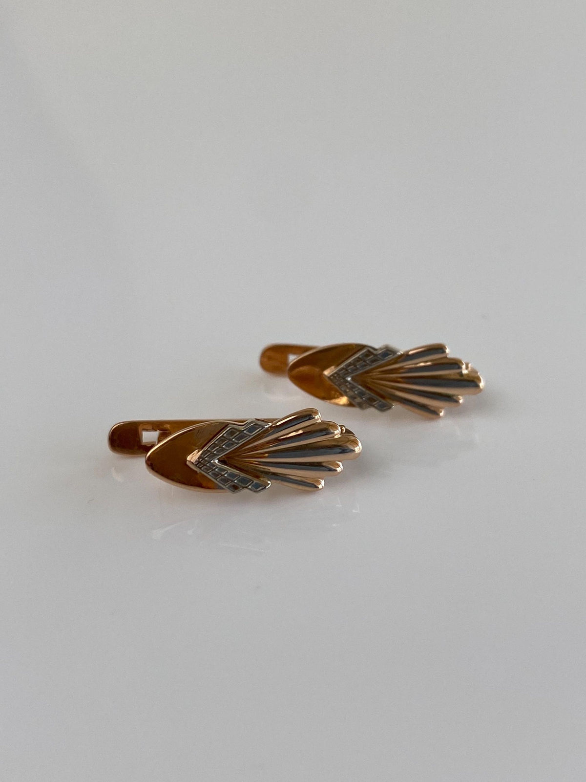 Vintage Solid 14k Rose & White Gold Fan Drop Earrings