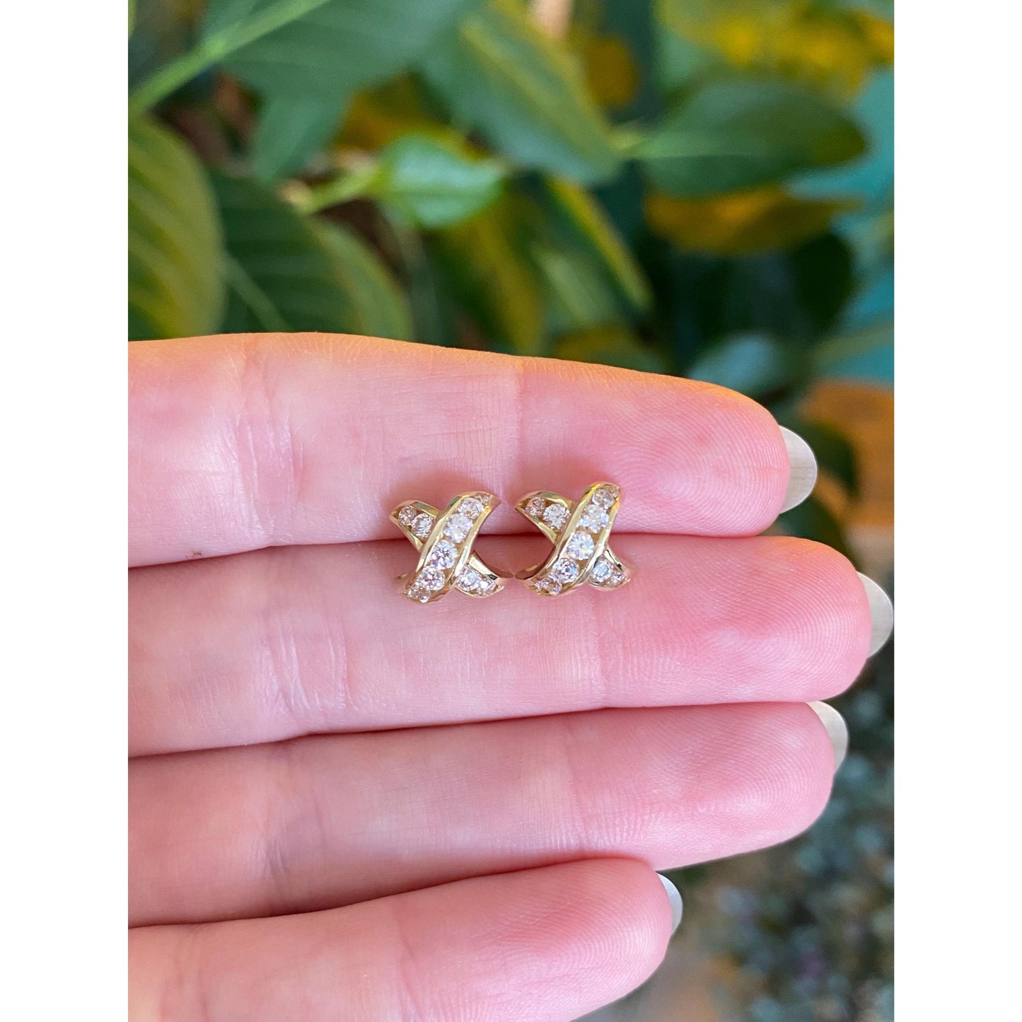 Vintage Solid 14k Yellow Gold Clear Cubic Zirconia X Stud Earrings