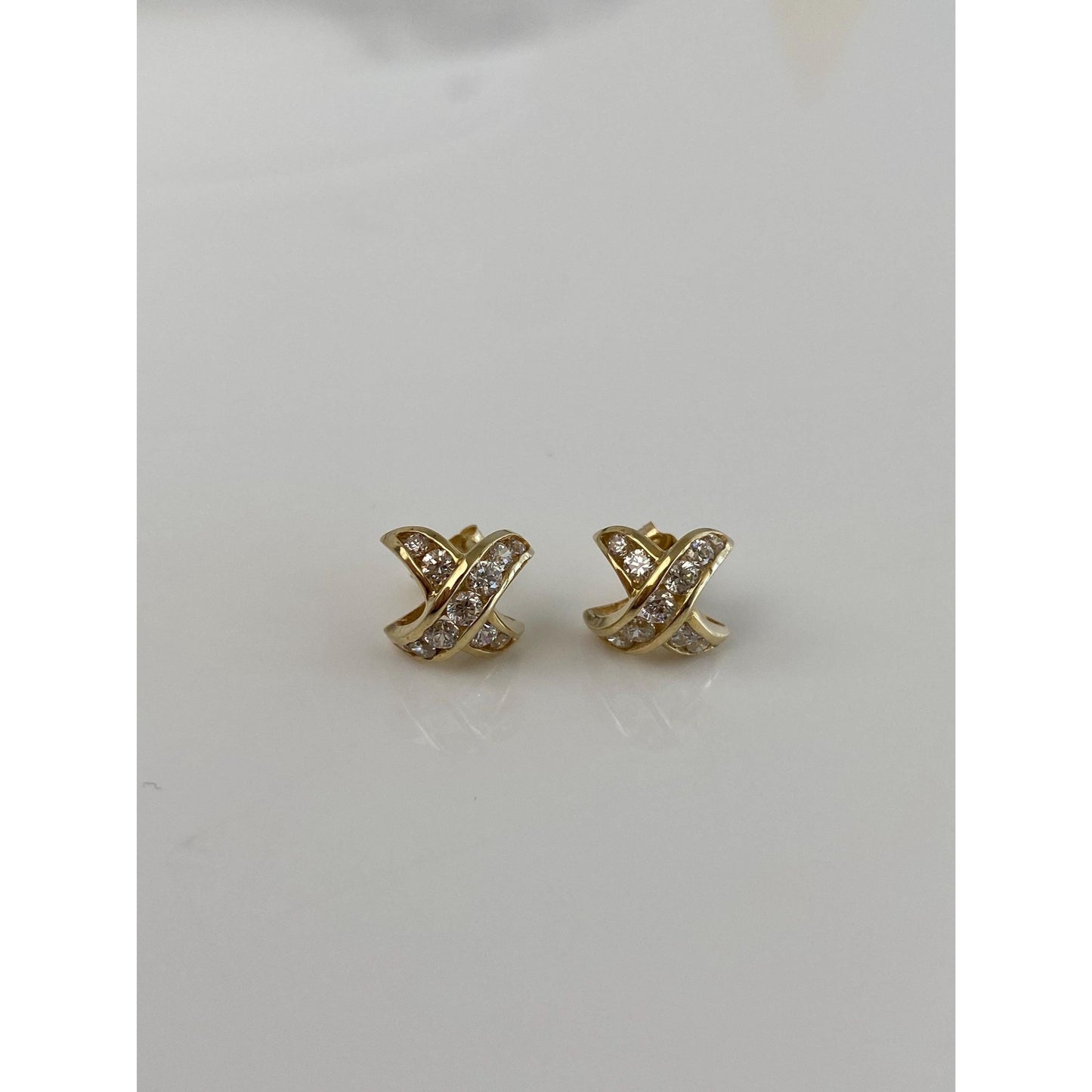 Vintage Solid 14k Yellow Gold Clear Cubic Zirconia X Stud Earrings