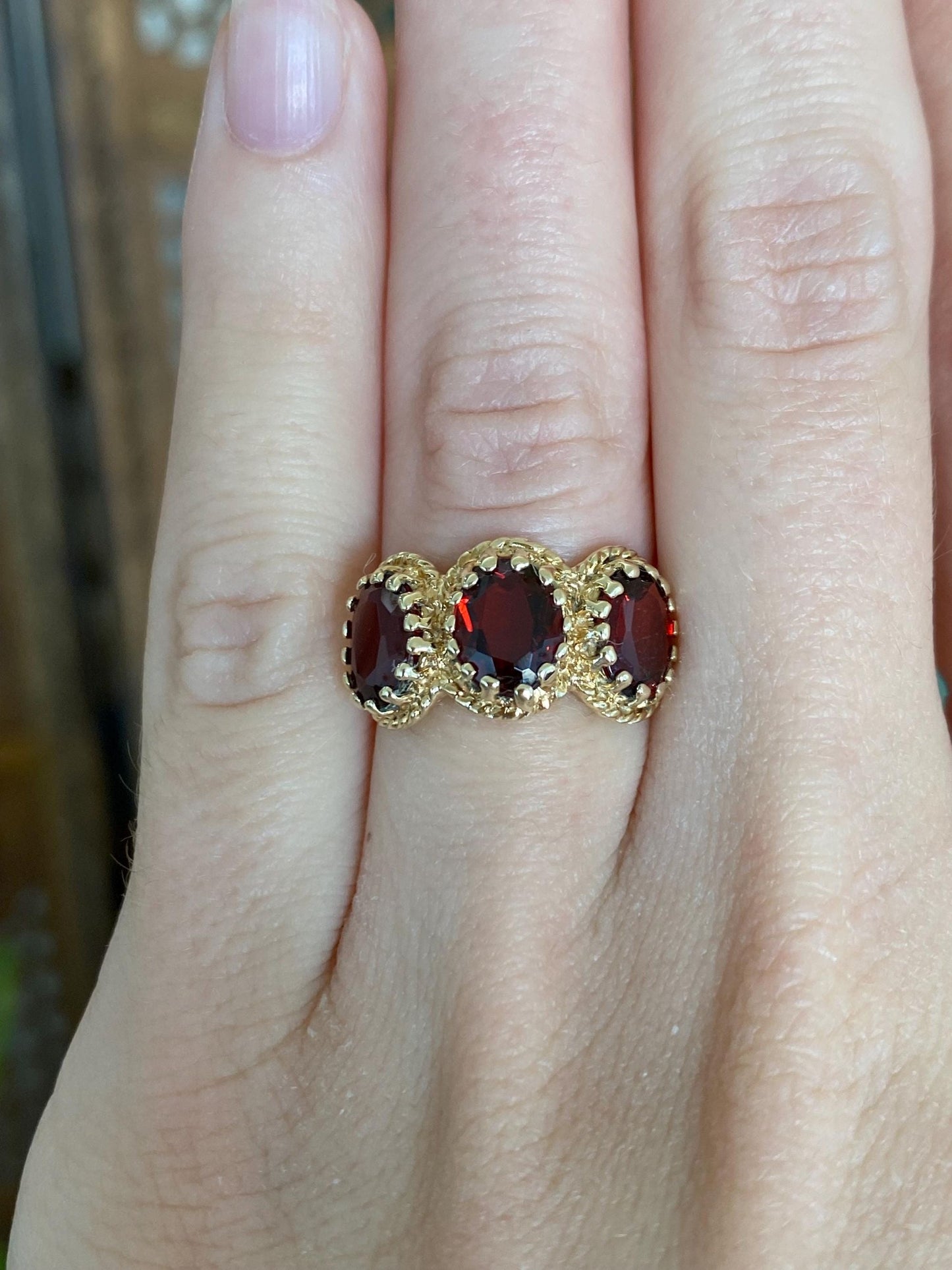 Vintage Solid 14k Yellow Gold Triple Garnet Ring - Size 4.25
