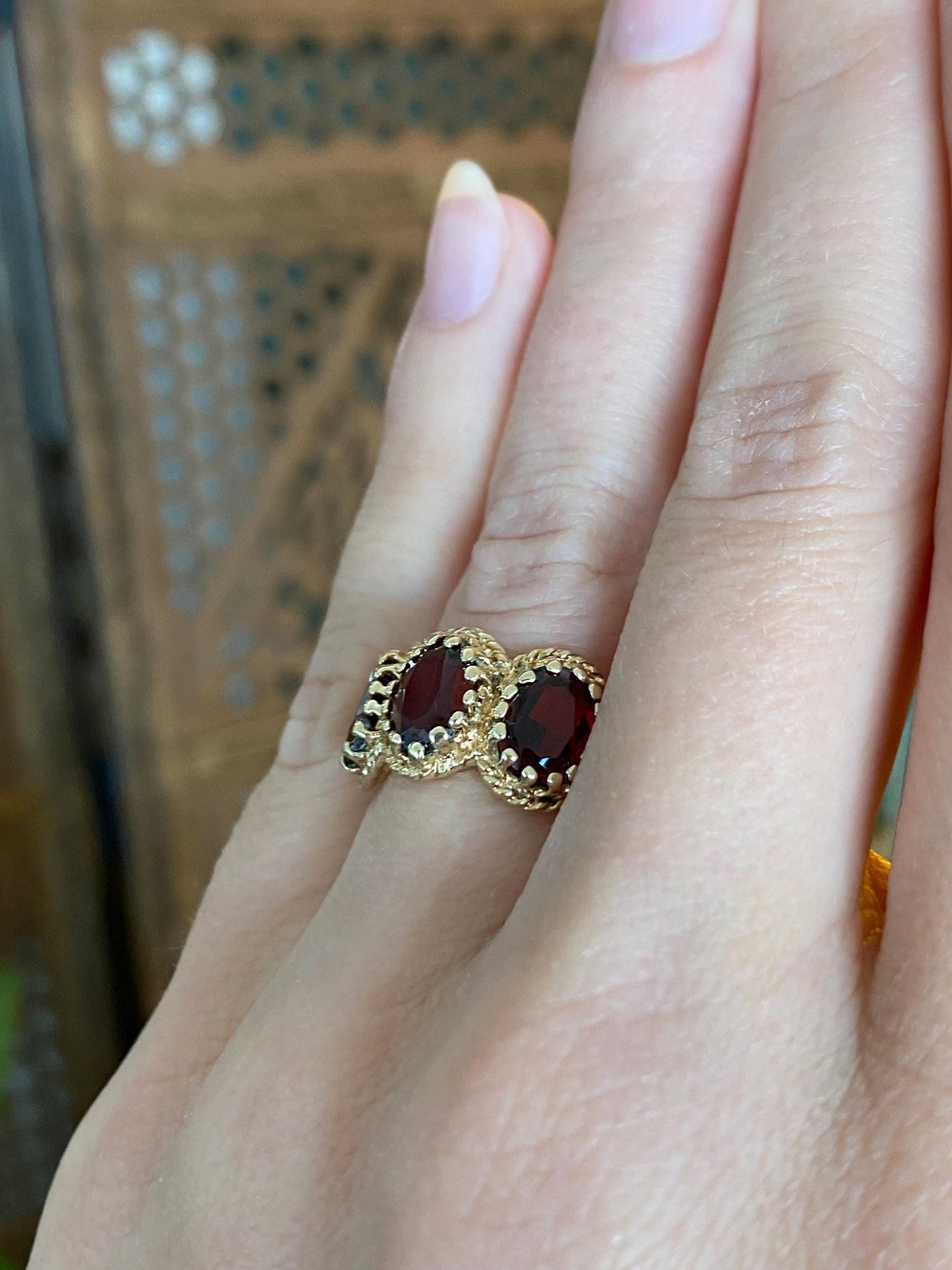 Vintage Solid 14k Yellow Gold Triple Garnet Ring - Size 4.25
