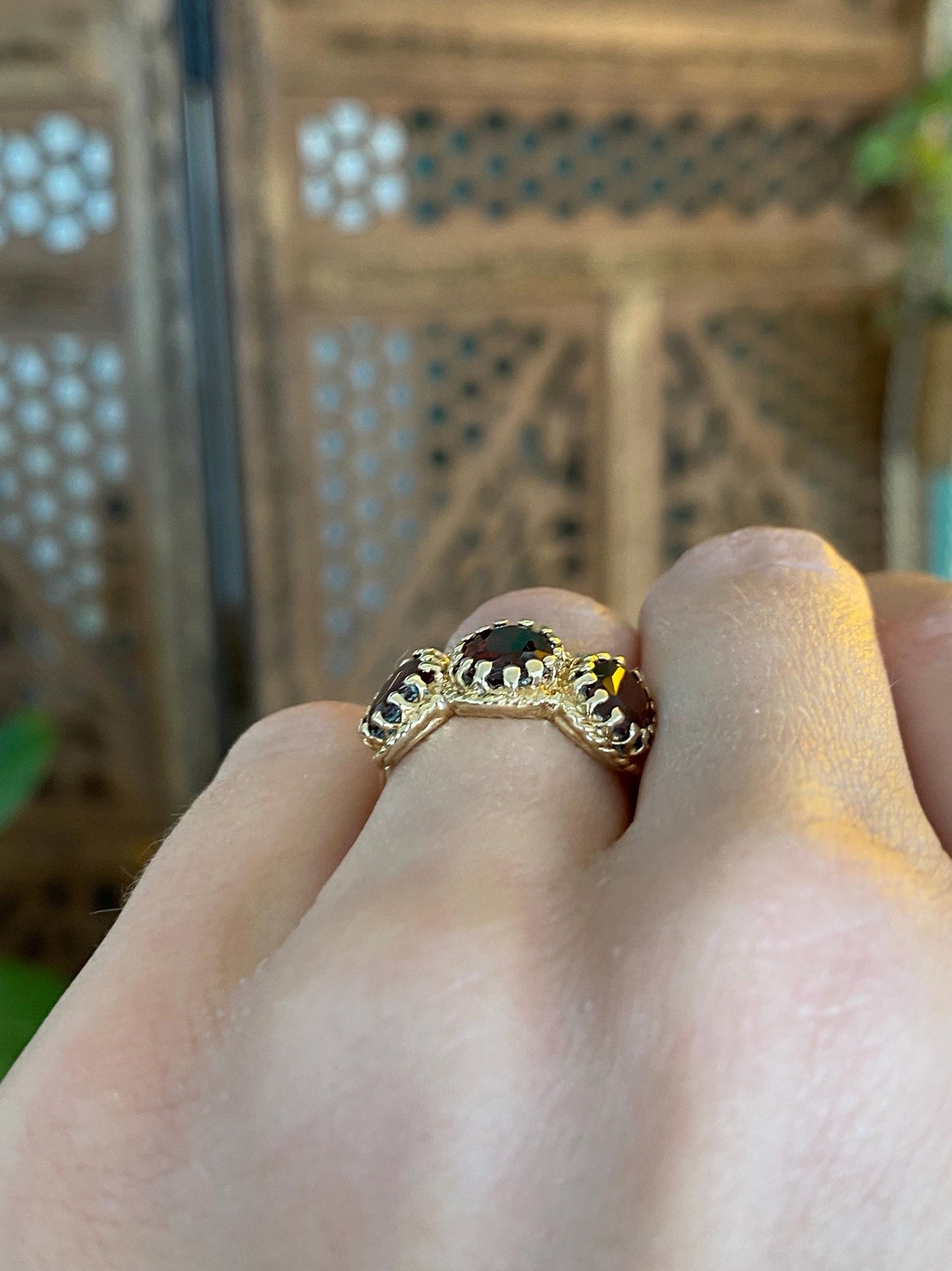 Vintage Solid 14k Yellow Gold Triple Garnet Ring - Size 4.25