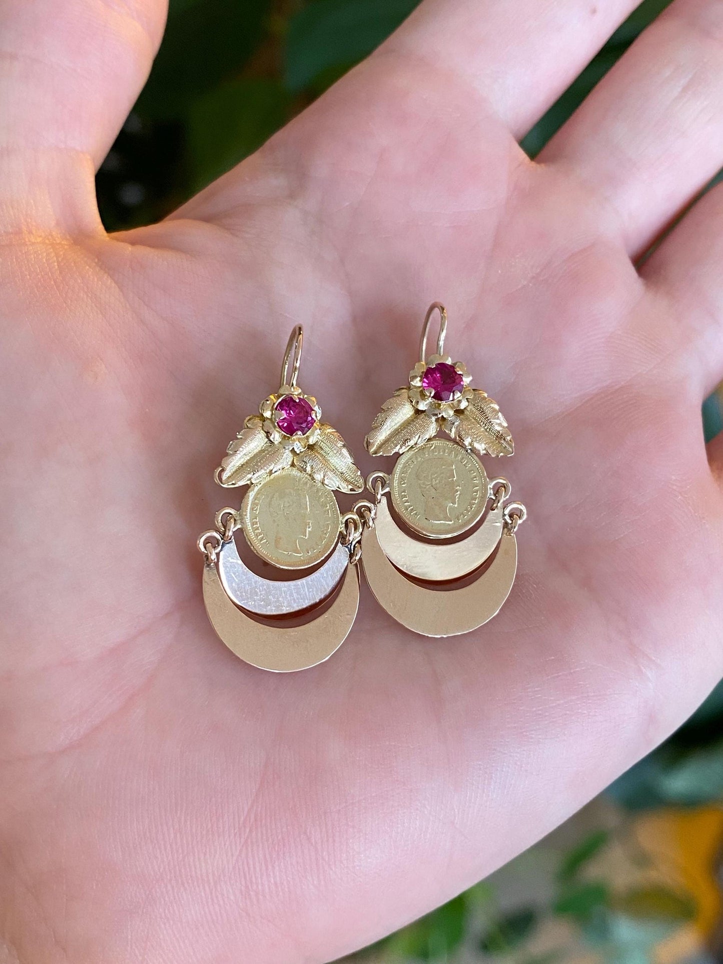 Solid 10k Rose & Yellow Gold Pink Sapphire Coin Leaves Dangle Earrings