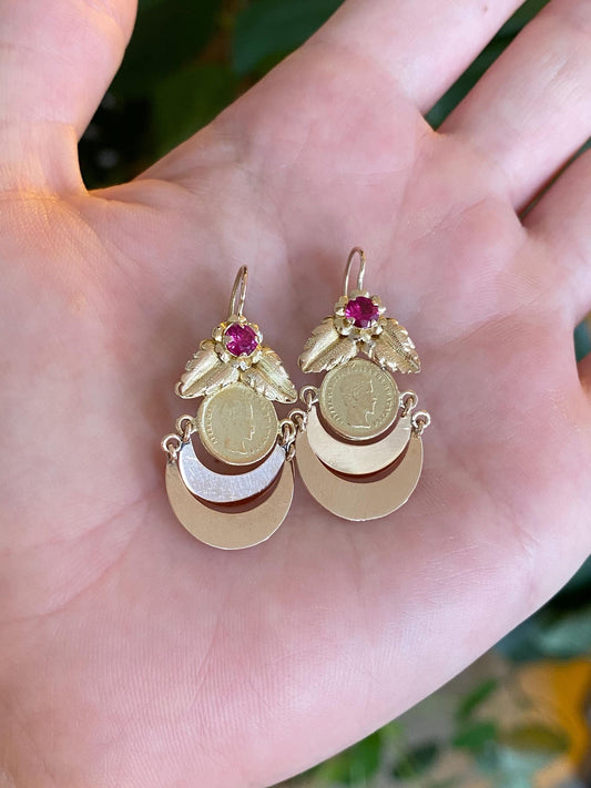 Solid 10k Rose & Yellow Gold Pink Sapphire Coin Leaves Dangle Earrings