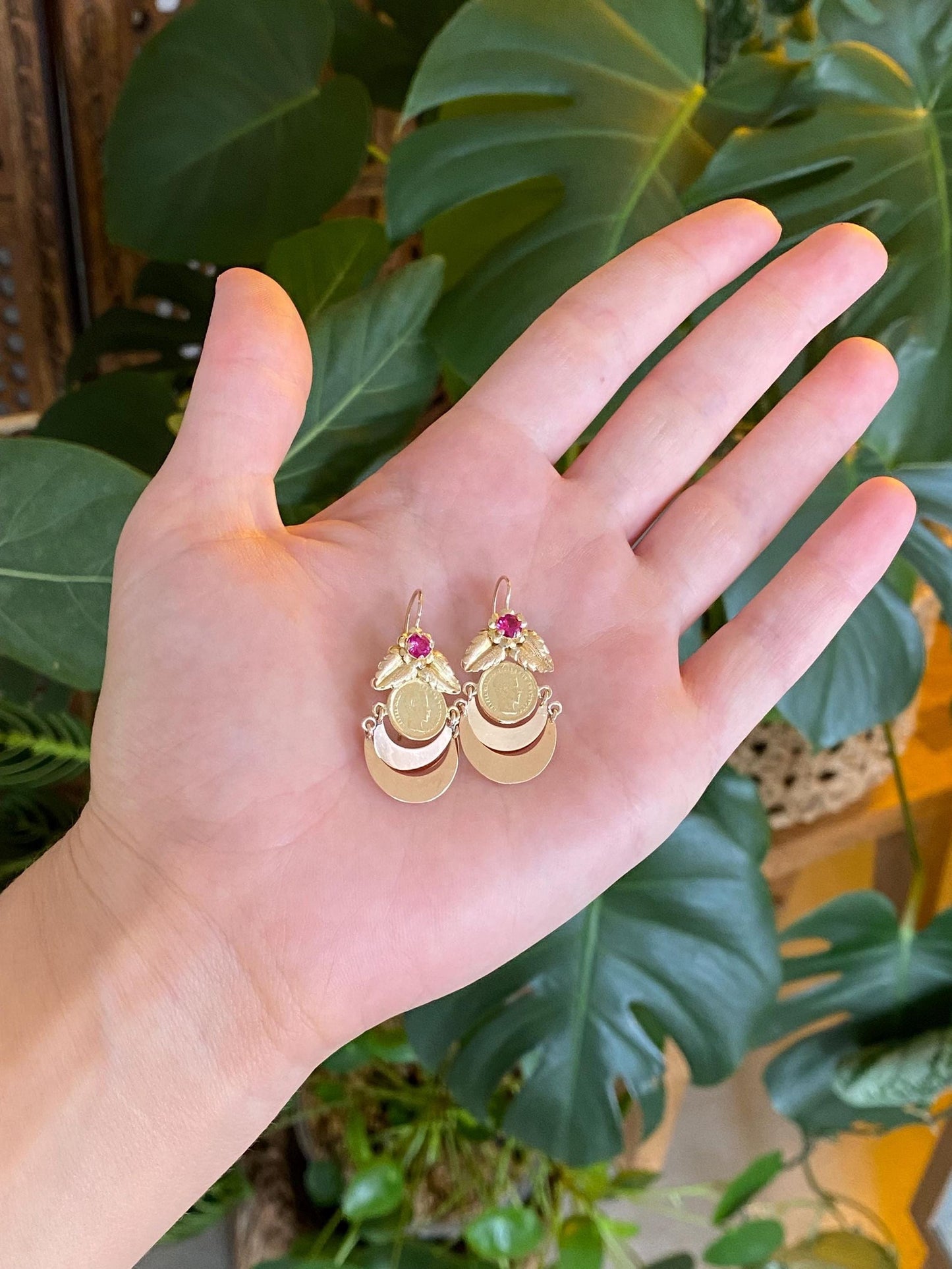 Solid 10k Rose & Yellow Gold Pink Sapphire Coin Leaves Dangle Earrings