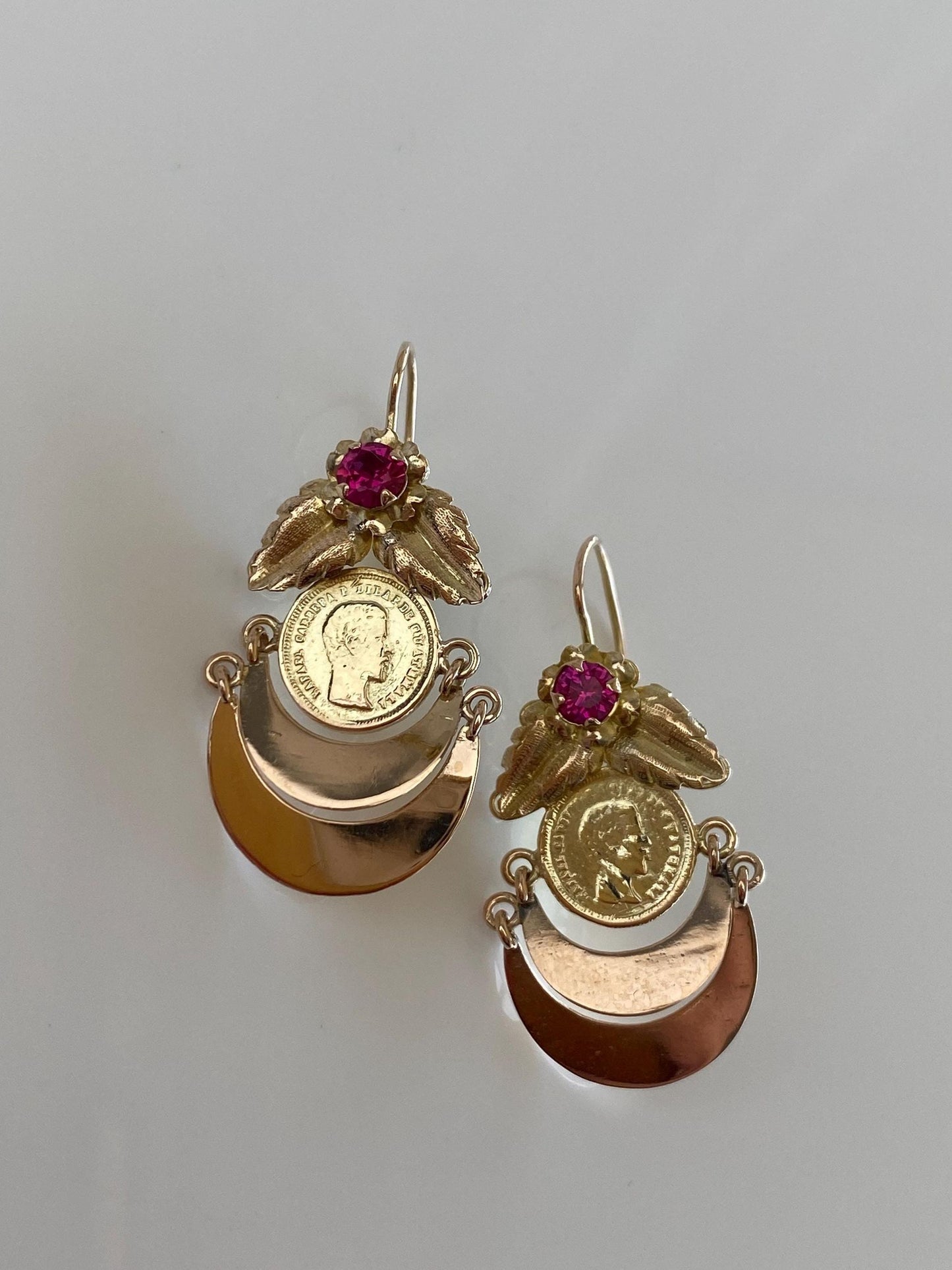 Solid 10k Rose & Yellow Gold Pink Sapphire Coin Leaves Dangle Earrings