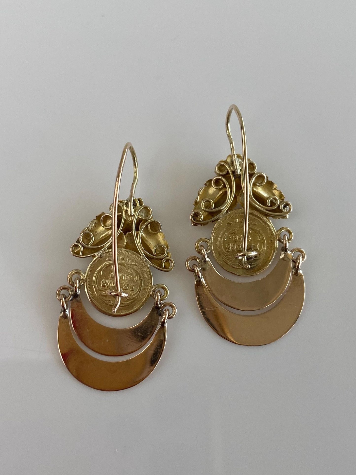 Solid 10k Rose & Yellow Gold Pink Sapphire Coin Leaves Dangle Earrings