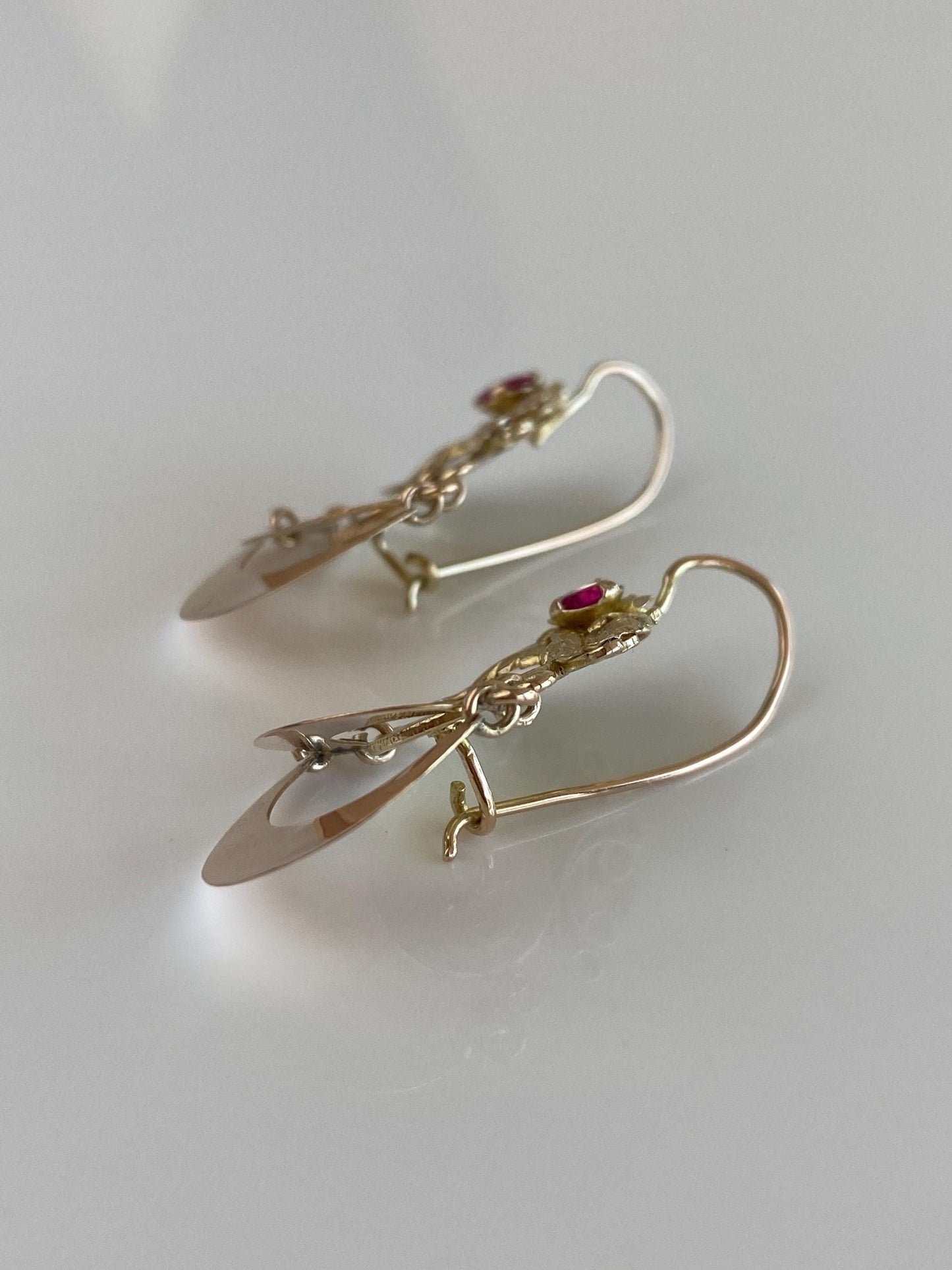 Solid 10k Rose & Yellow Gold Pink Sapphire Coin Leaves Dangle Earrings