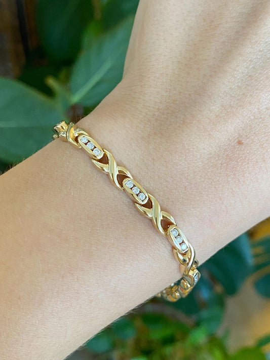 Vintage Solid 14k Yellow Gold Diamond X Link Bracelet - 7.25 Inches