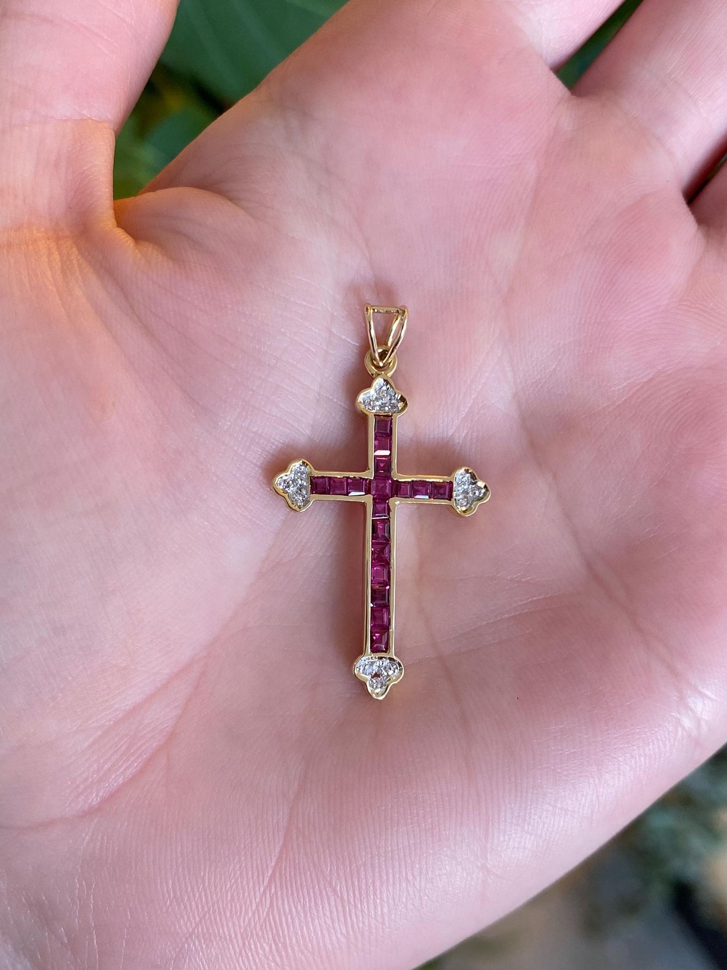 Vintage Solid 14k White &  Yellow Gold Pink Sapphire Cross Charm