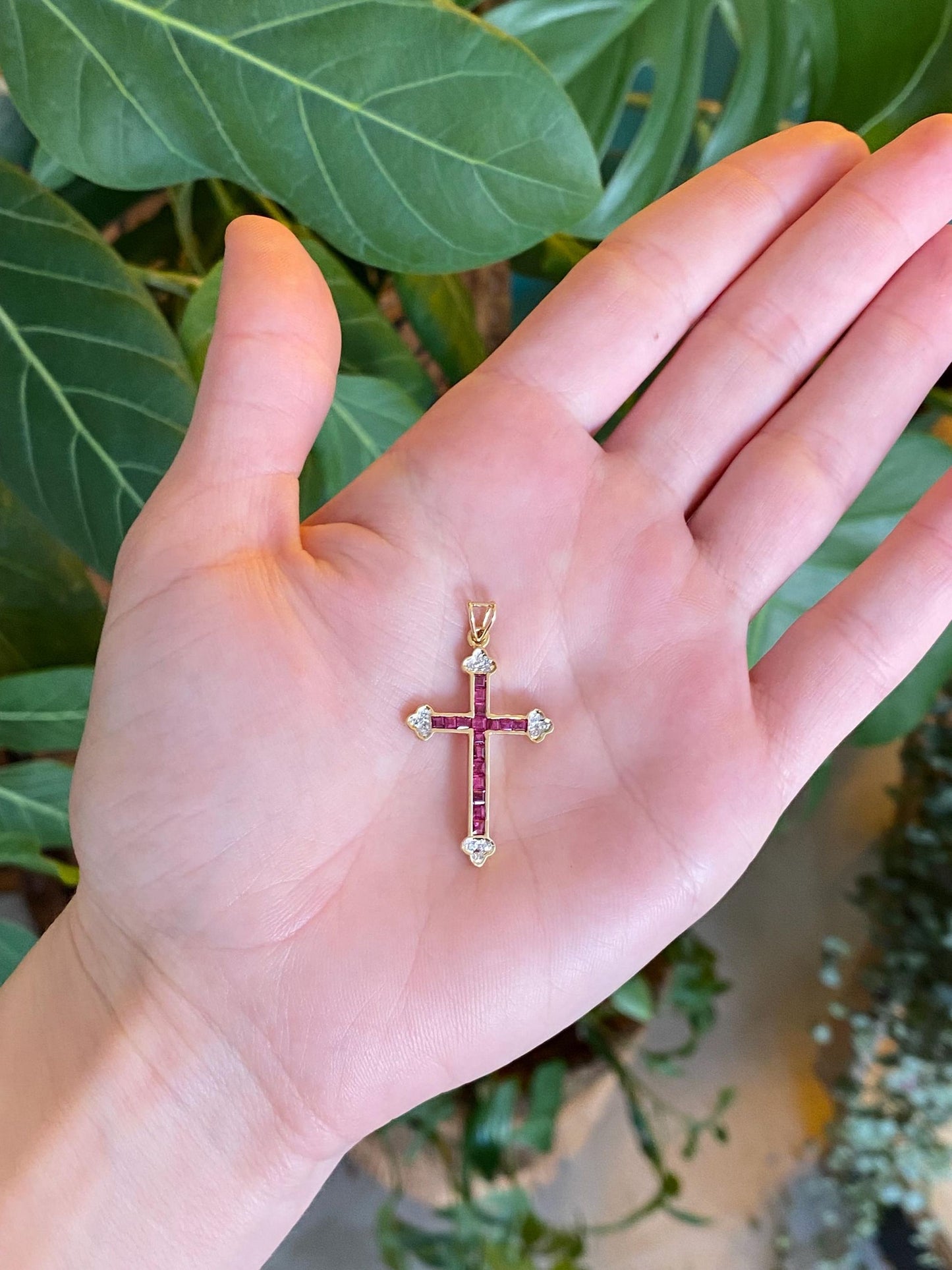 Vintage Solid 14k White &  Yellow Gold Pink Sapphire Cross Charm