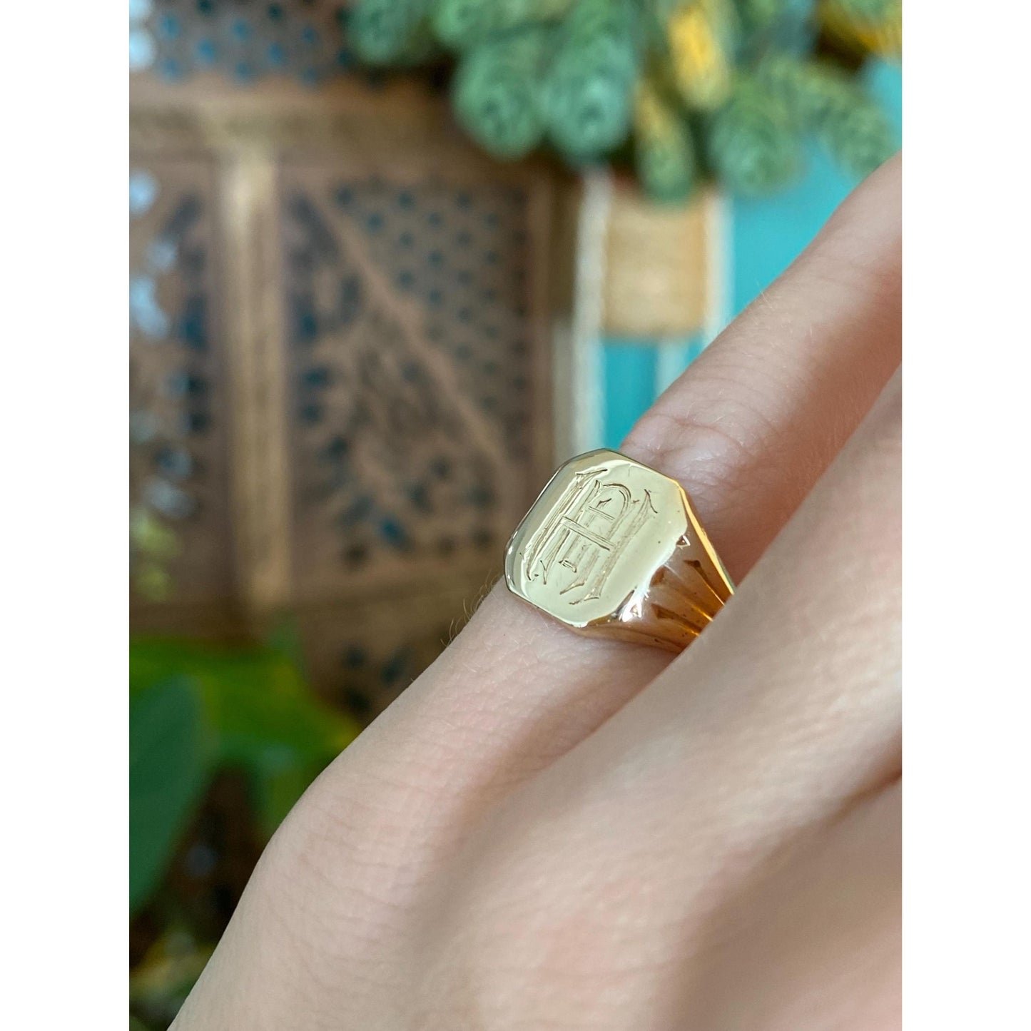 Vintage Solid 14k Yellow Gold Monogram Signet Ring - Size 4.5