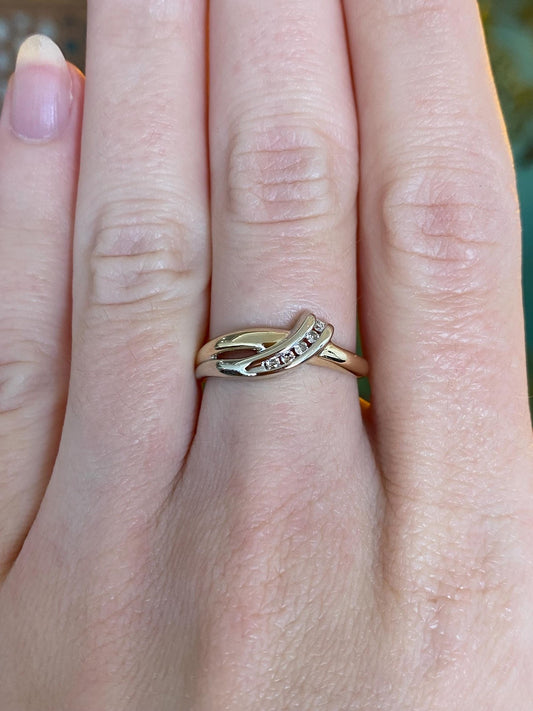 Vintage Solid 14k White & Yellow Gold Diamond Twist Ring - Size 6.5