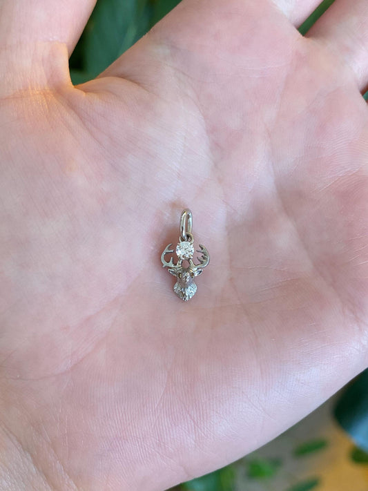 Vintage Solid 14k White Gold Diamond Buck Charm