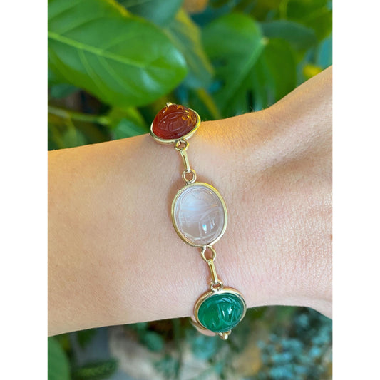 Solid 14k Yellow Gold Tigers Eye Rose & Clear Quartz Agate Green Chalcedony Carnelian Scarab Bracelet - 6.75 inches