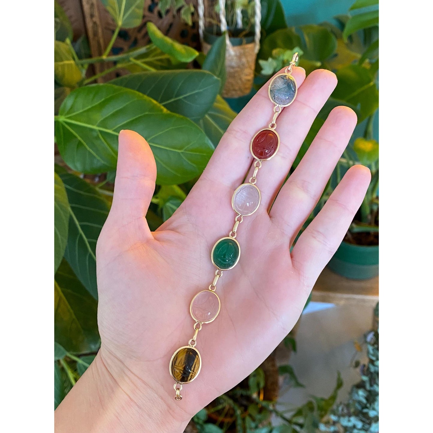 Solid 14k Yellow Gold Tigers Eye Rose & Clear Quartz Agate Green Chalcedony Carnelian Scarab Bracelet - 6.75 inches