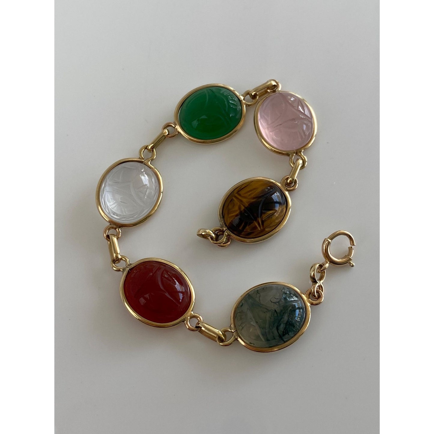 Solid 14k Yellow Gold Tigers Eye Rose & Clear Quartz Agate Green Chalcedony Carnelian Scarab Bracelet - 6.75 inches
