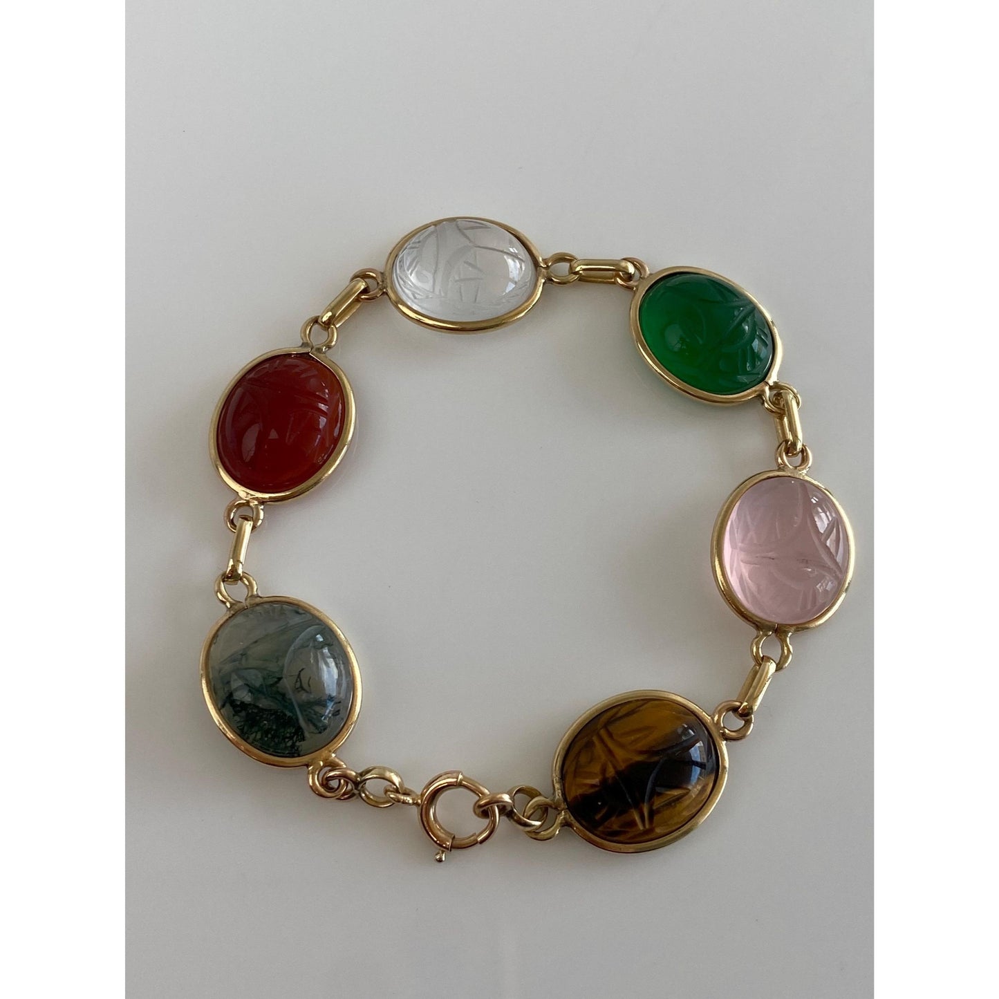 Solid 14k Yellow Gold Tigers Eye Rose & Clear Quartz Agate Green Chalcedony Carnelian Scarab Bracelet - 6.75 inches