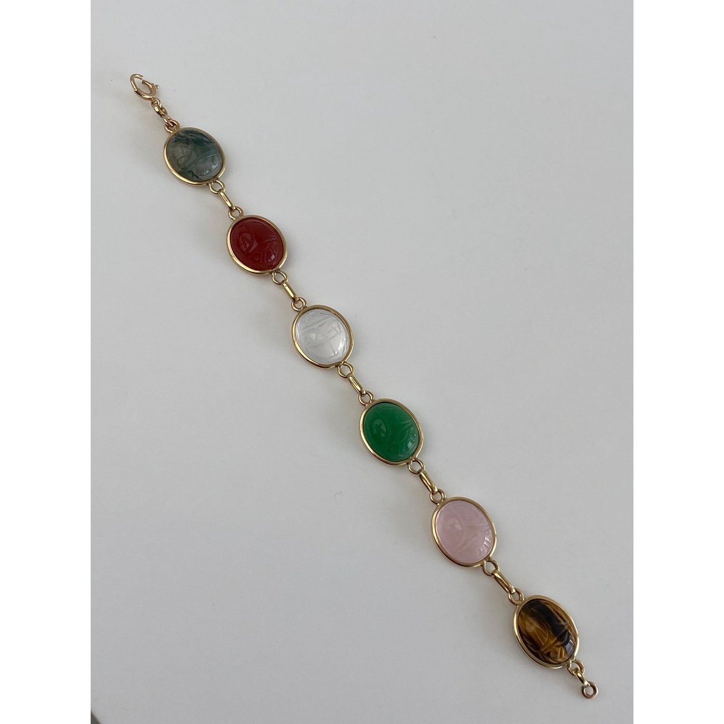 Solid 14k Yellow Gold Tigers Eye Rose & Clear Quartz Agate Green Chalcedony Carnelian Scarab Bracelet - 6.75 inches