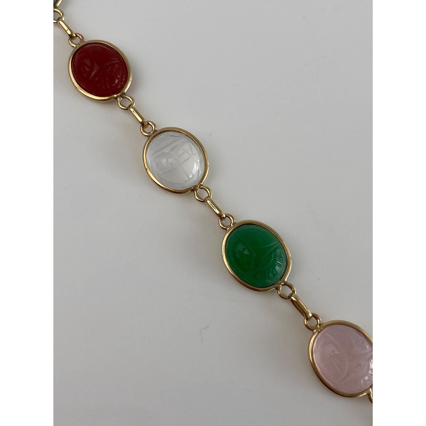 Solid 14k Yellow Gold Tigers Eye Rose & Clear Quartz Agate Green Chalcedony Carnelian Scarab Bracelet - 6.75 inches