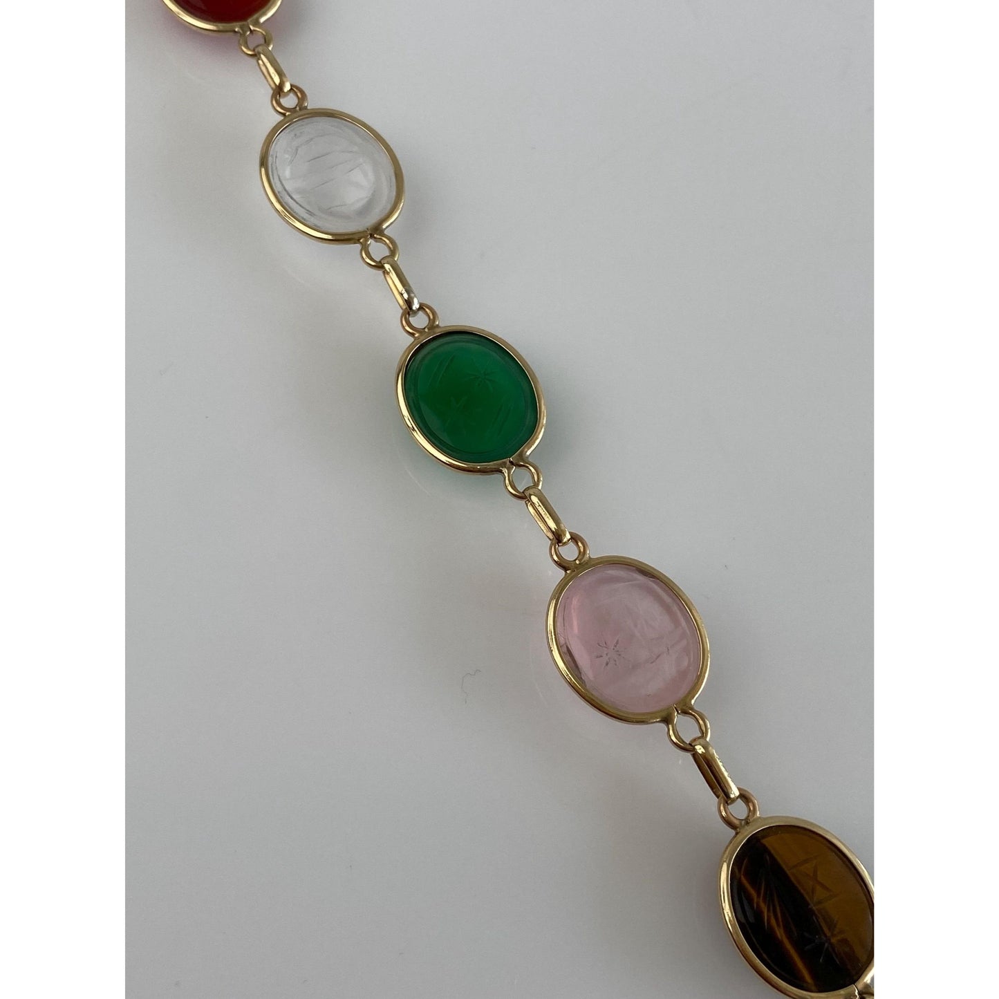 Solid 14k Yellow Gold Tigers Eye Rose & Clear Quartz Agate Green Chalcedony Carnelian Scarab Bracelet - 6.75 inches