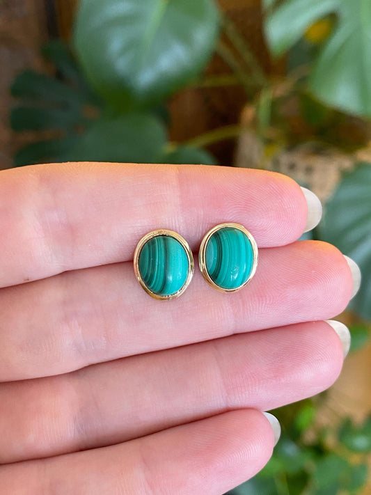 Vintage Solid 14k Yellow Gold Malachite Stud Earrings