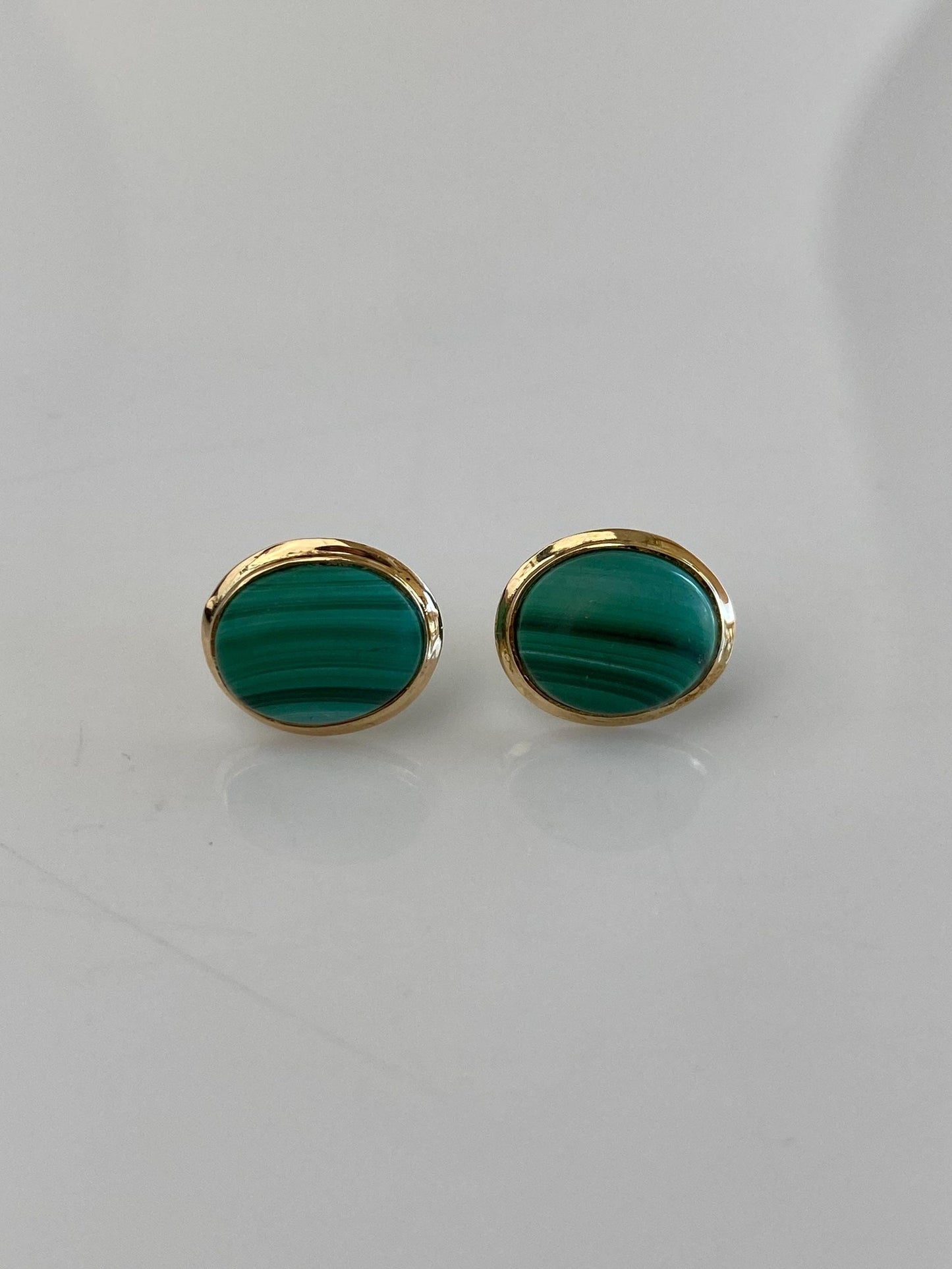 Vintage Solid 14k Yellow Gold Malachite Stud Earrings