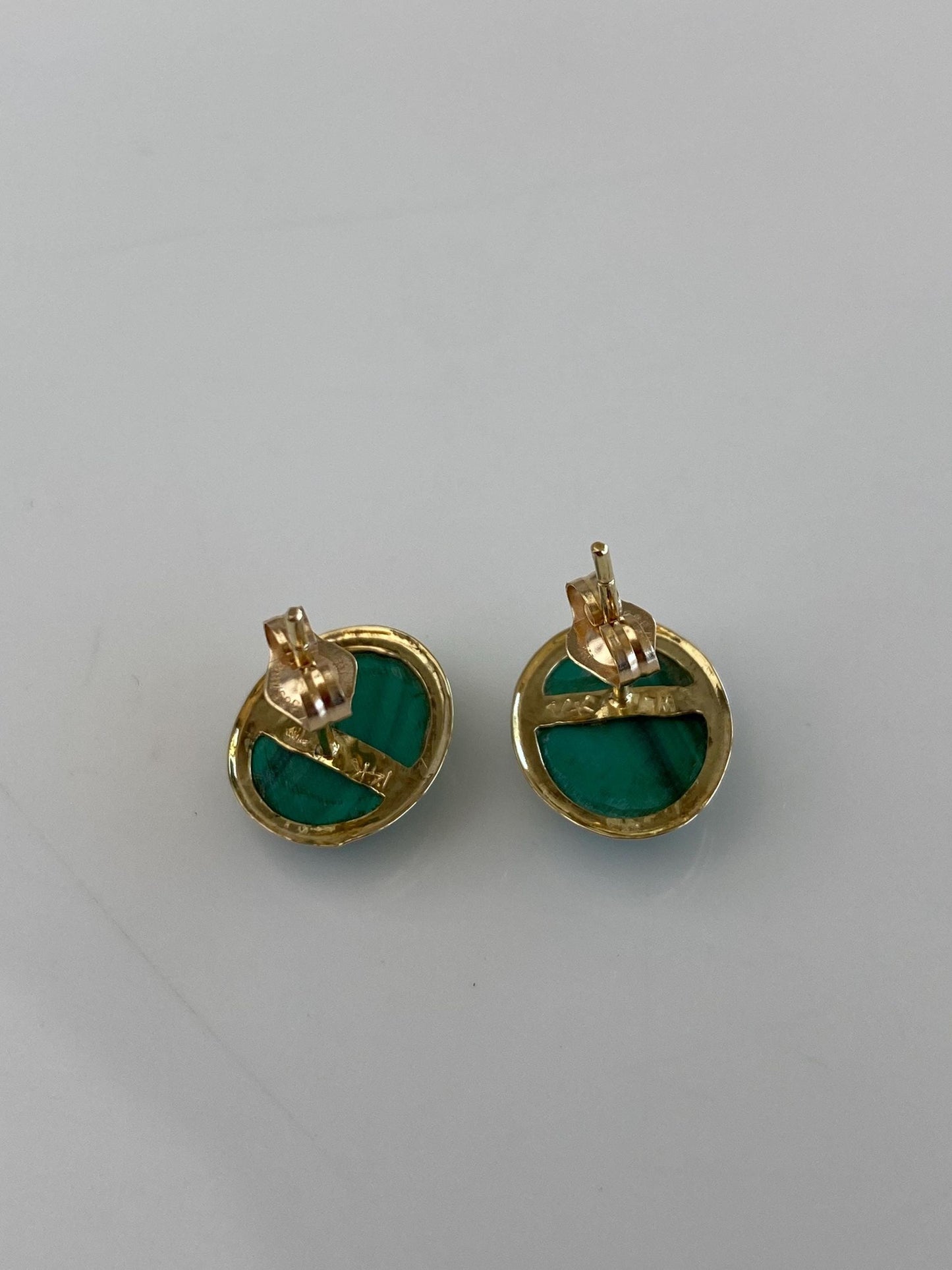 Vintage Solid 14k Yellow Gold Malachite Stud Earrings