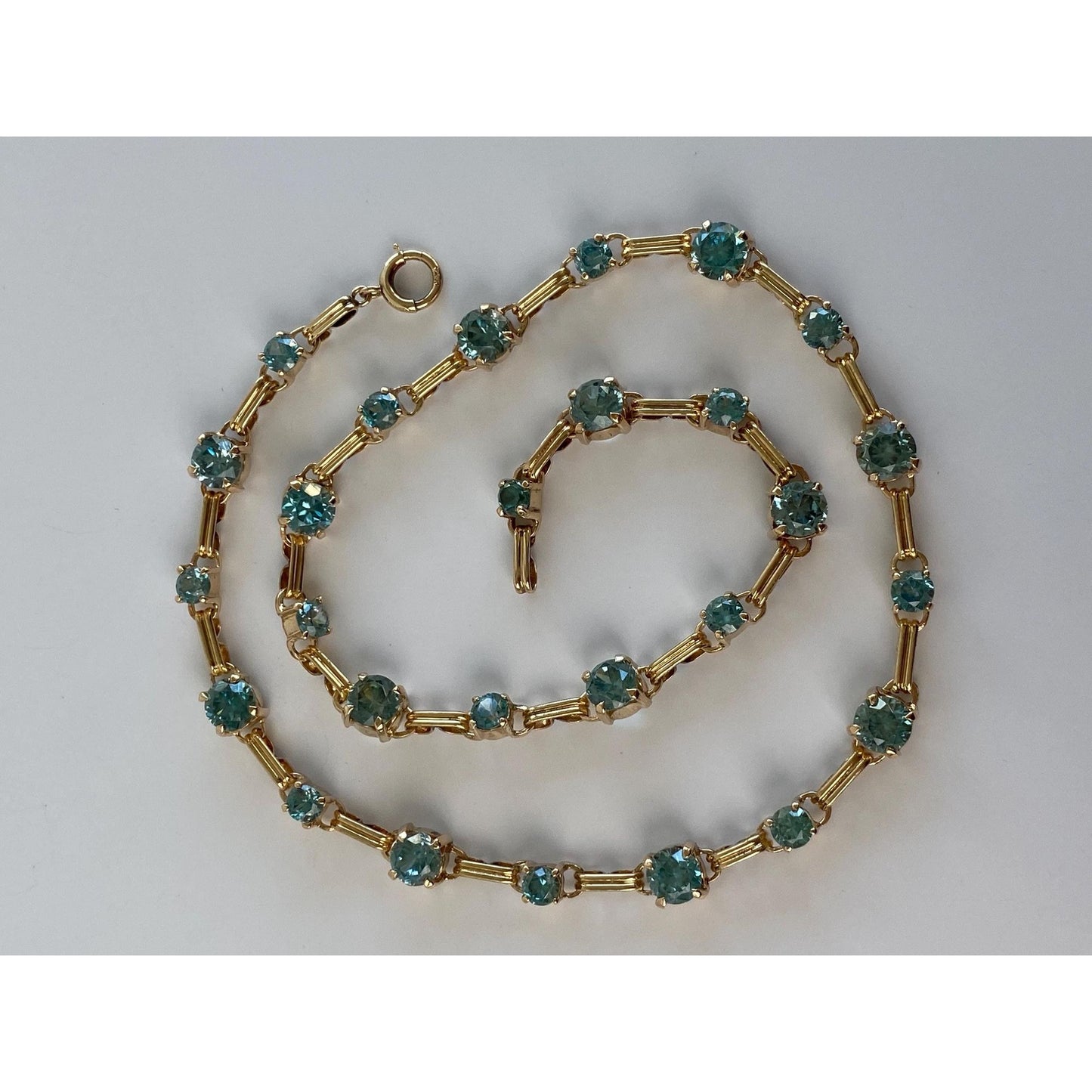 Vintage Solid 14k Yellow Gold Blue Zircon Link Necklace - 14.5 inches