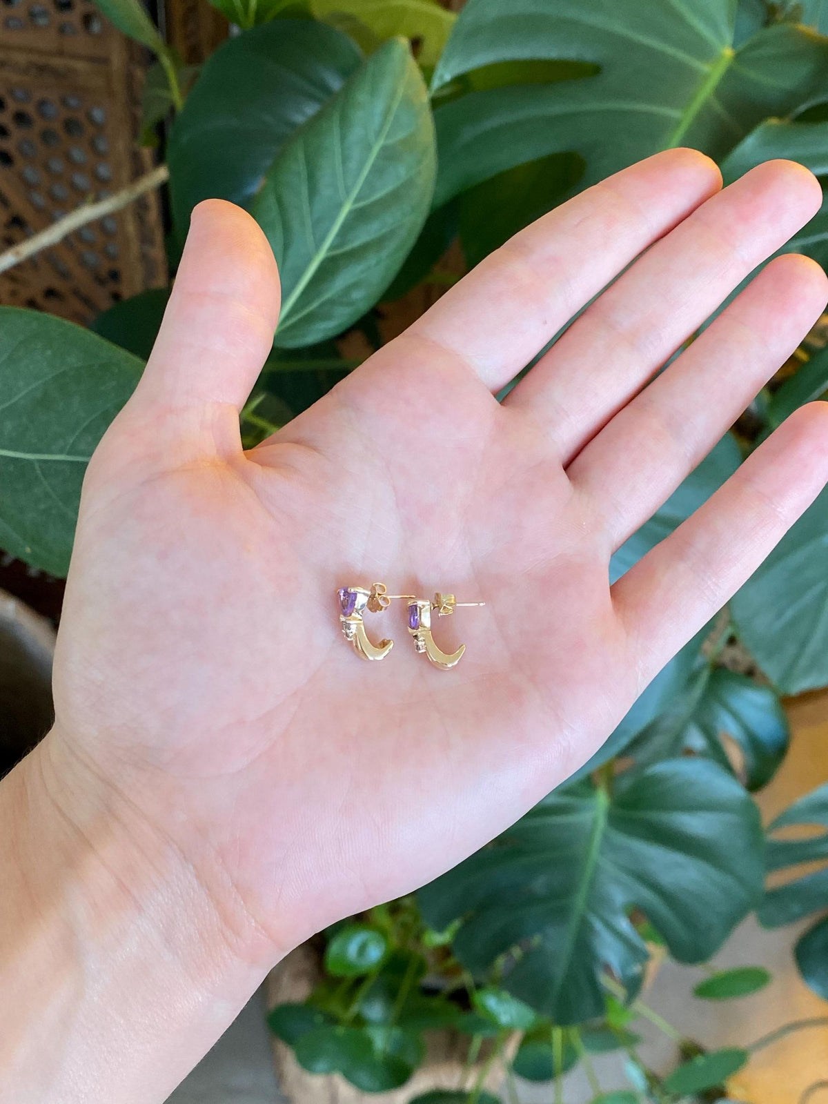 Solid 14k Yellow Gold Amethyst Diamonds Stud Earrings