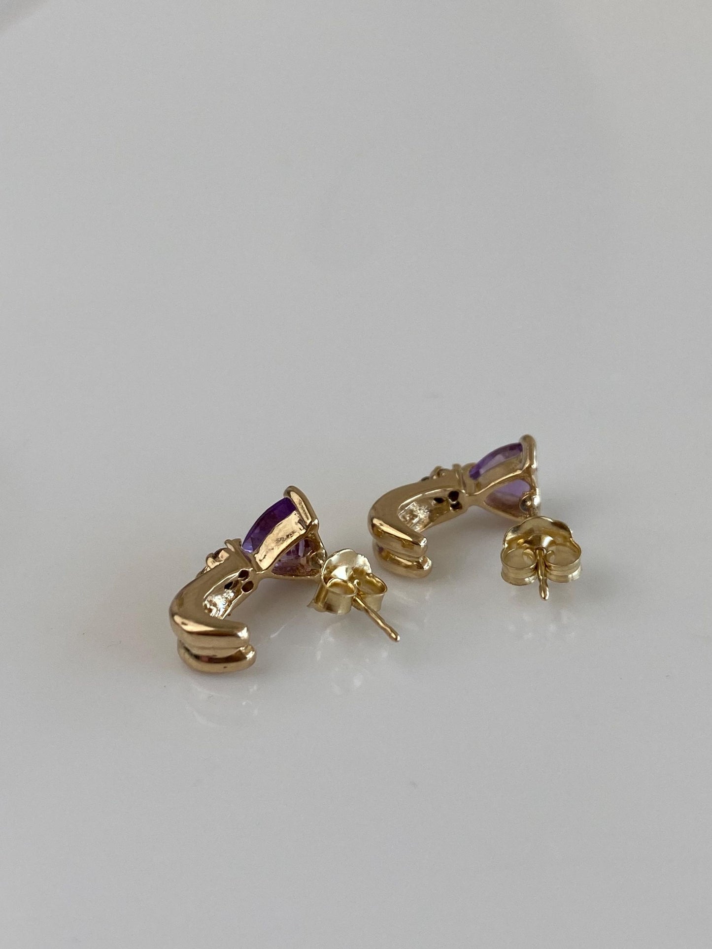 Solid 14k Yellow Gold Amethyst Diamonds Stud Earrings