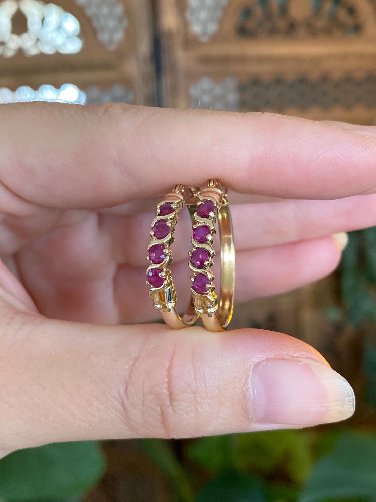 Vintage 10k Yellow Gold Ruby Hoop Earrings
