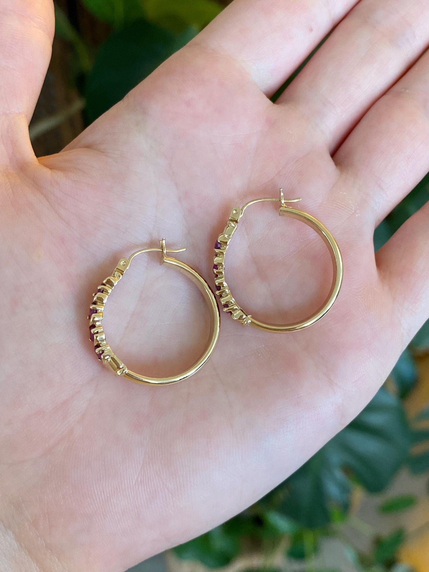 Vintage 10k Yellow Gold Ruby Hoop Earrings