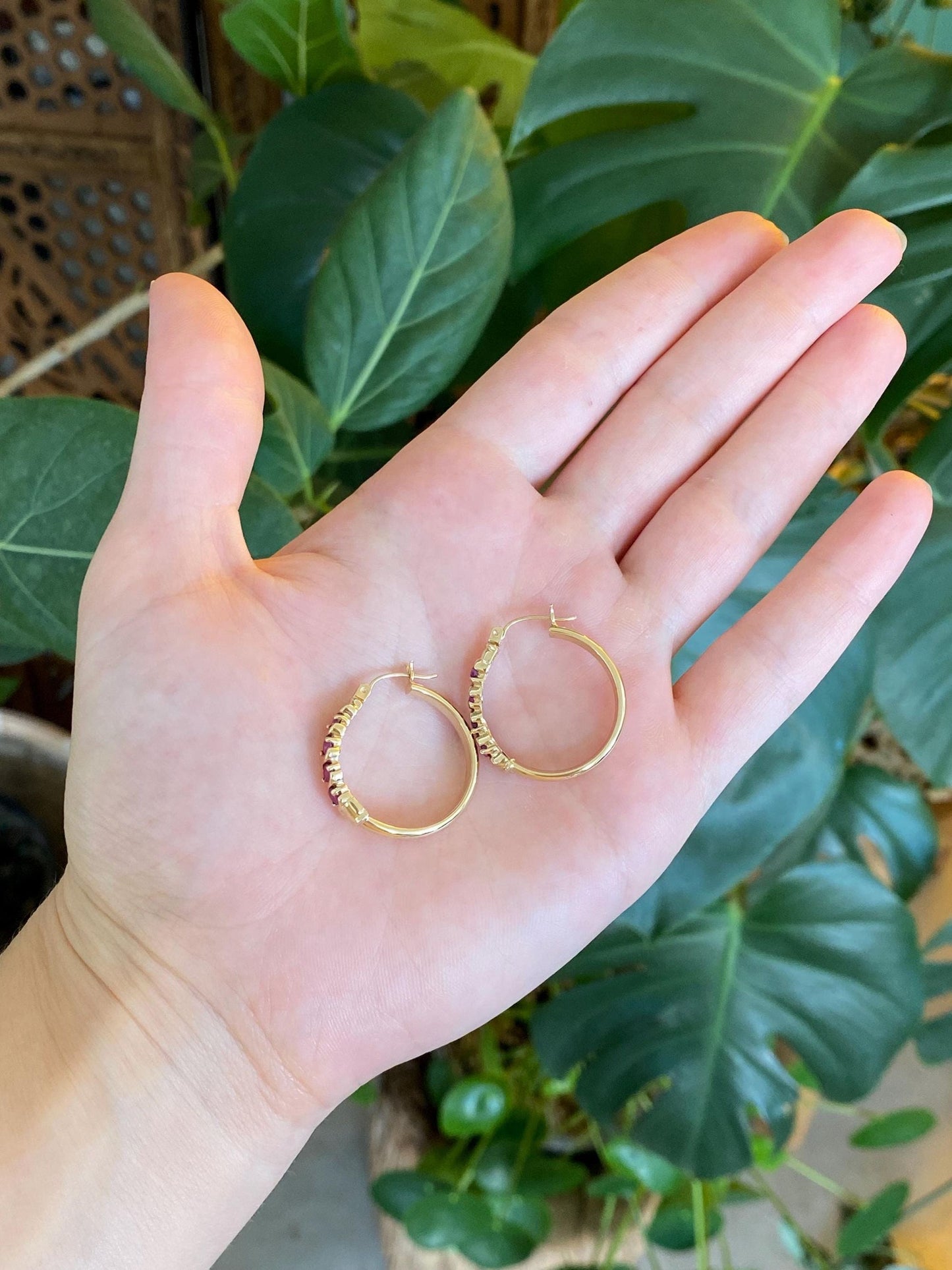 Vintage 10k Yellow Gold Ruby Hoop Earrings