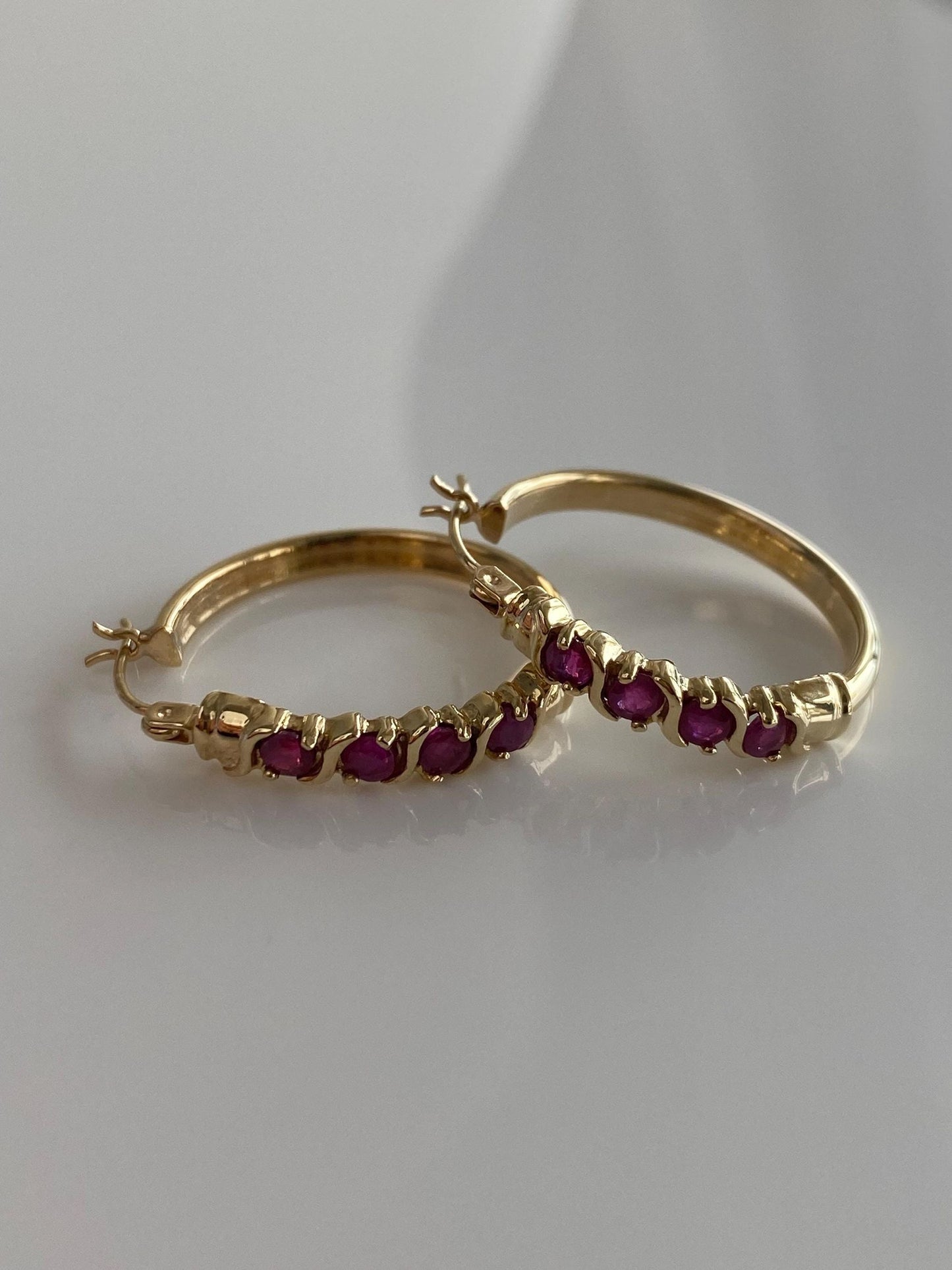 Vintage 10k Yellow Gold Ruby Hoop Earrings